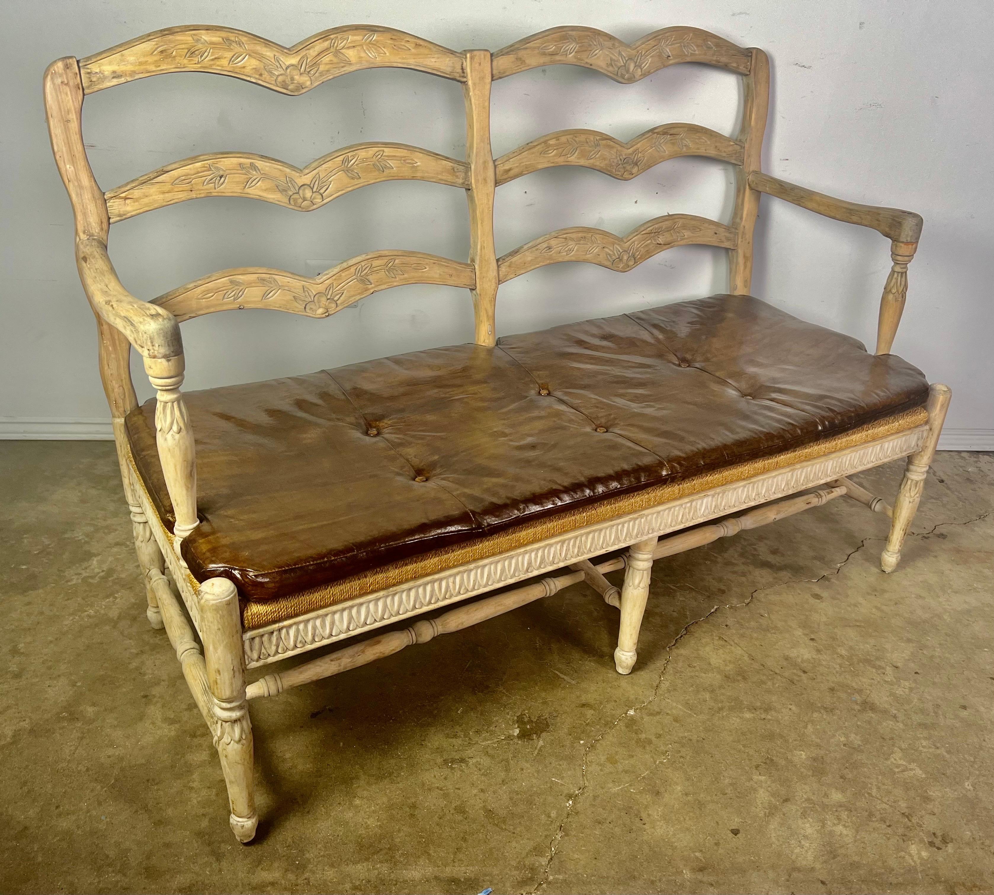 Mid-20th Century French Provincial Style Bench w/ Rush Seat & Leather Cushion For Sale