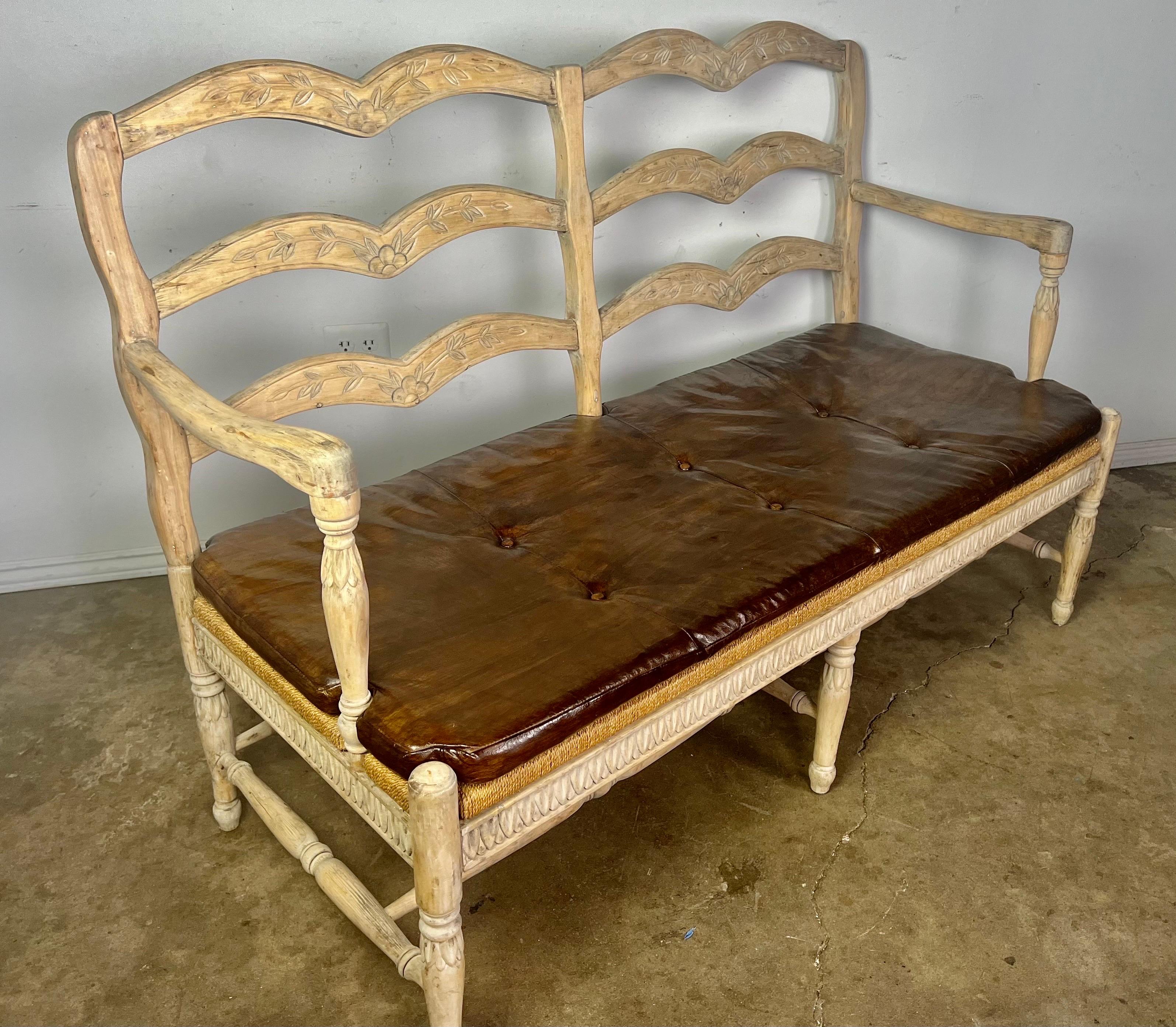French Provincial Style Bench w/ Rush Seat & Leather Cushion For Sale 2