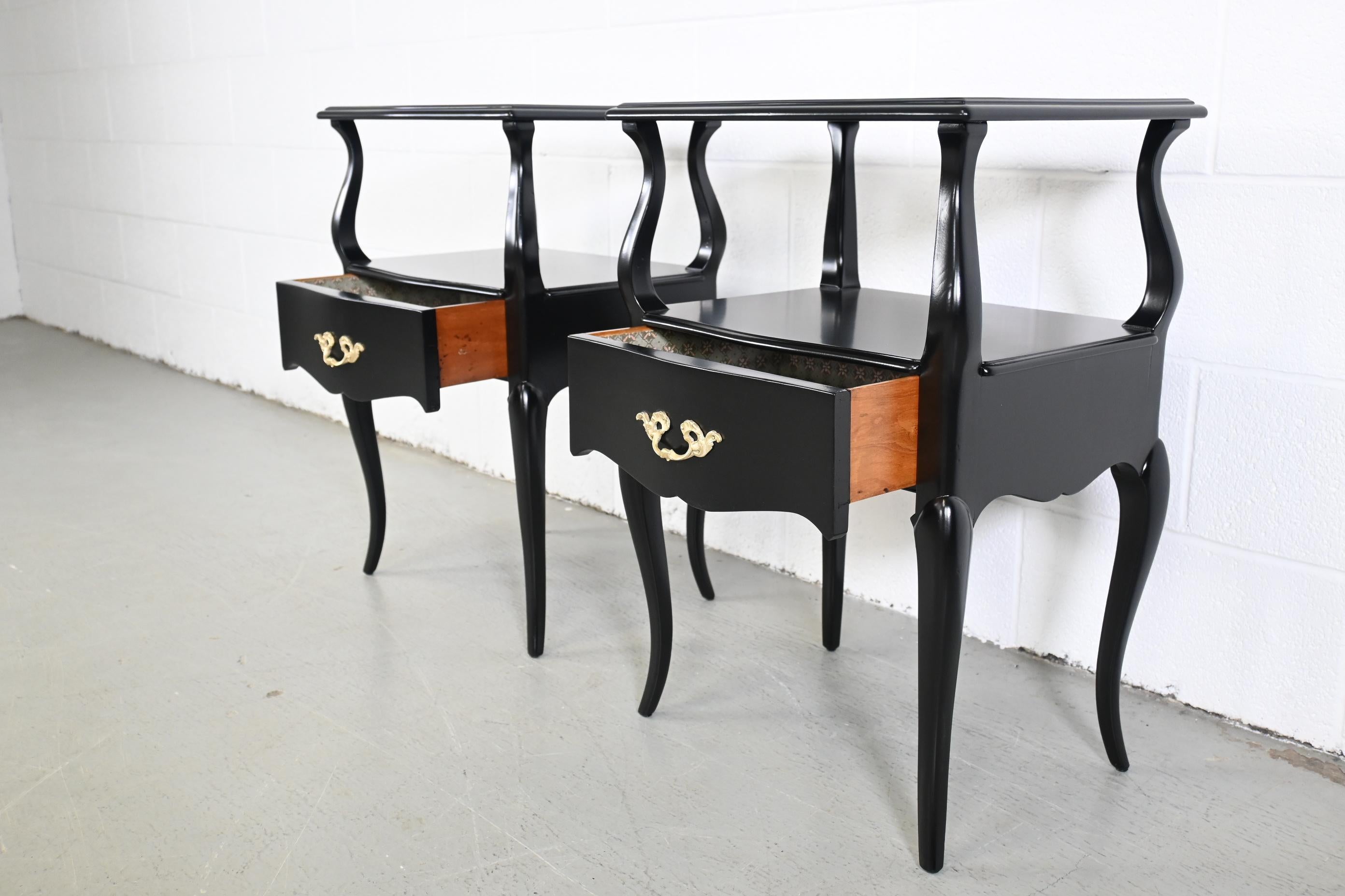 French Provincial Style Black Lacquered Nightstands, Pair Description 4
