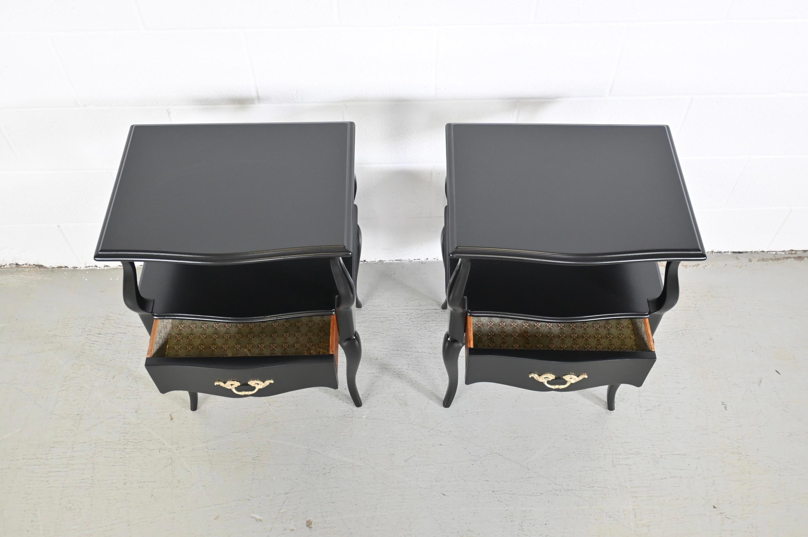 French Provincial Style Black Lacquered Nightstands, Pair Description 5