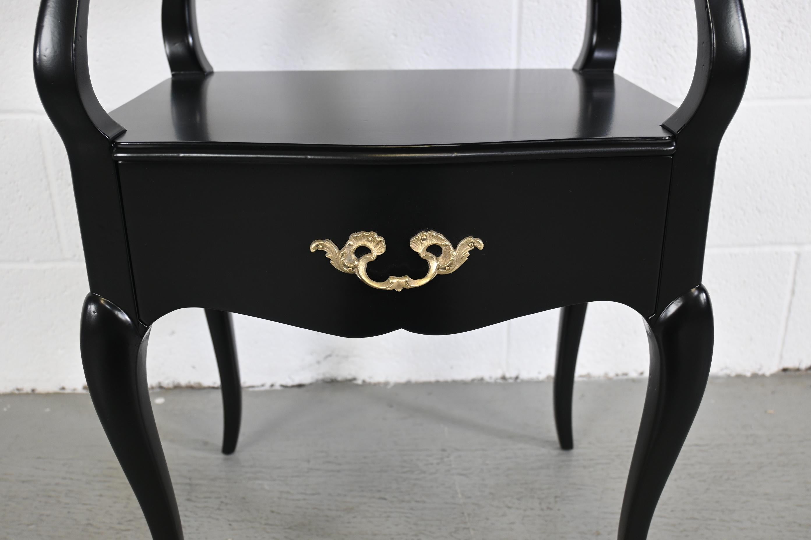 French Provincial Style Black Lacquered Nightstands, Pair Description 6