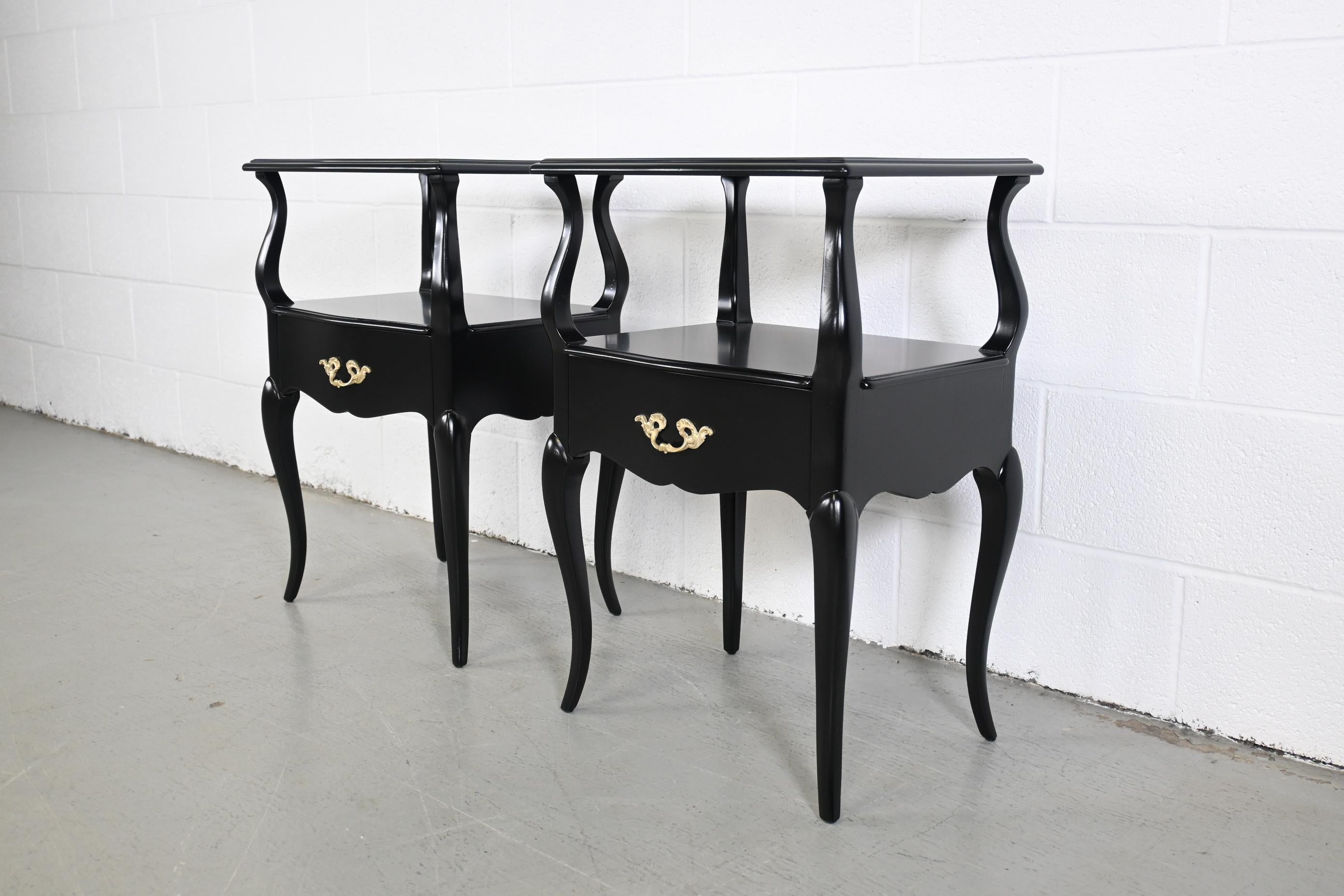 American French Provincial Style Black Lacquered Nightstands, Pair Description