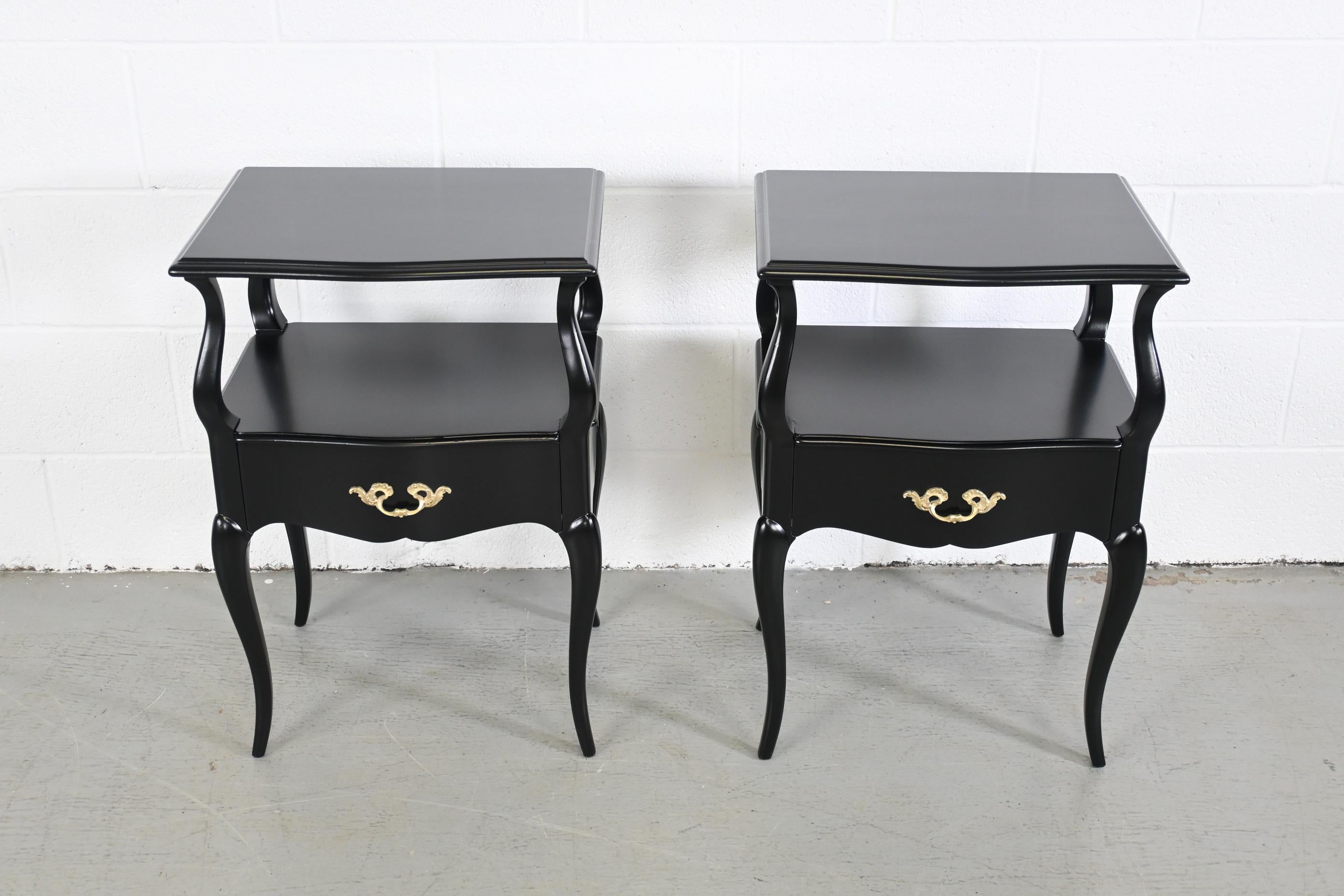 Mid-20th Century French Provincial Style Black Lacquered Nightstands, Pair Description