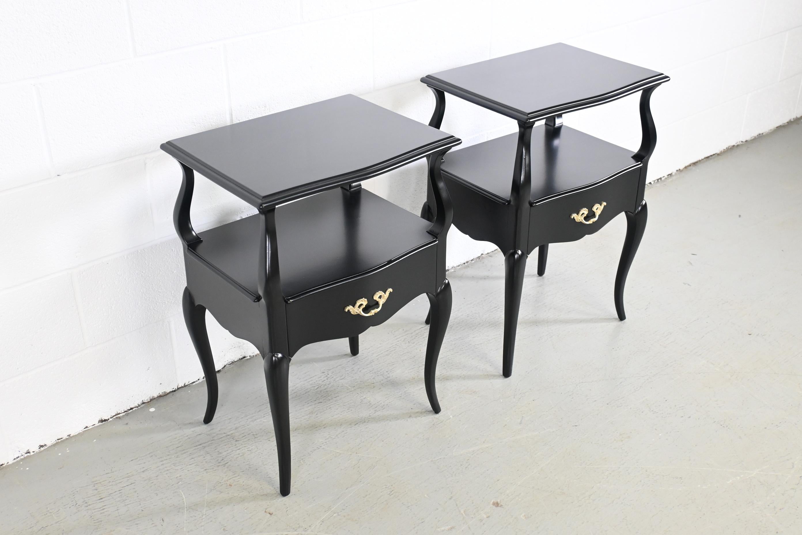 Wood French Provincial Style Black Lacquered Nightstands, Pair Description