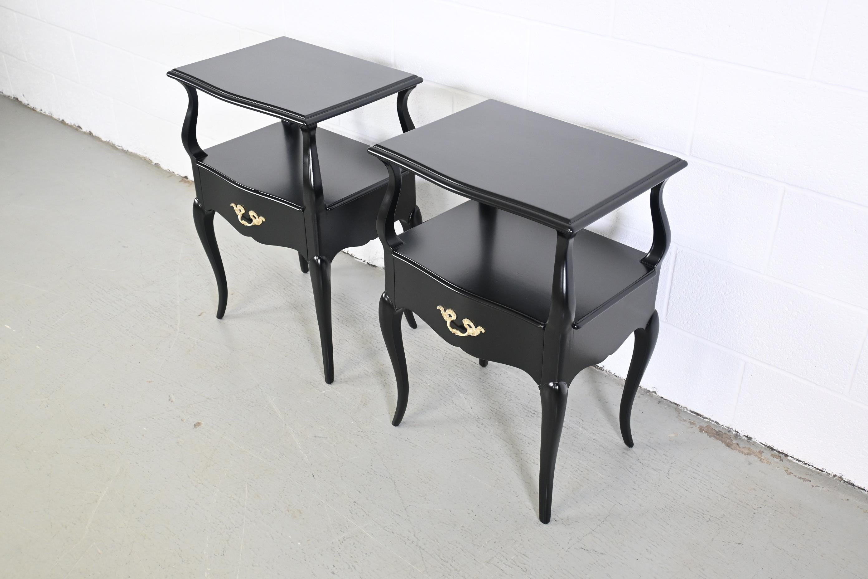 French Provincial Style Black Lacquered Nightstands, Pair Description 1