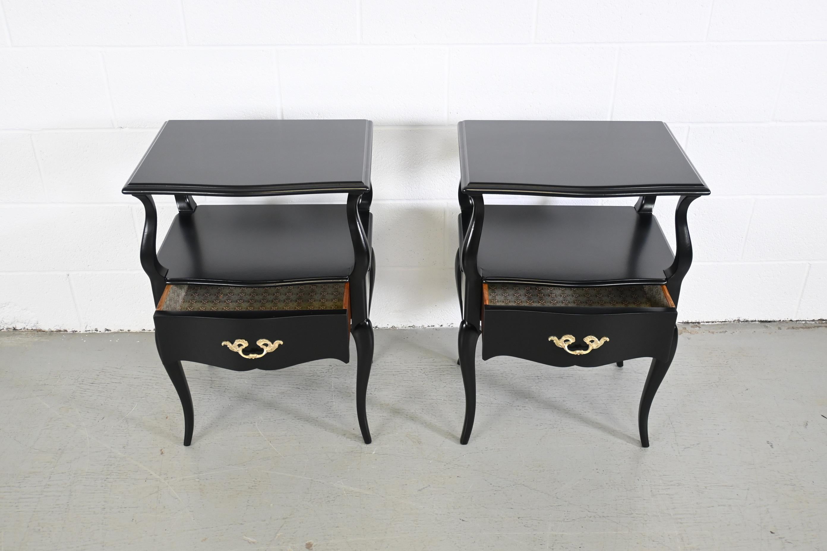 French Provincial Style Black Lacquered Nightstands, Pair Description 2