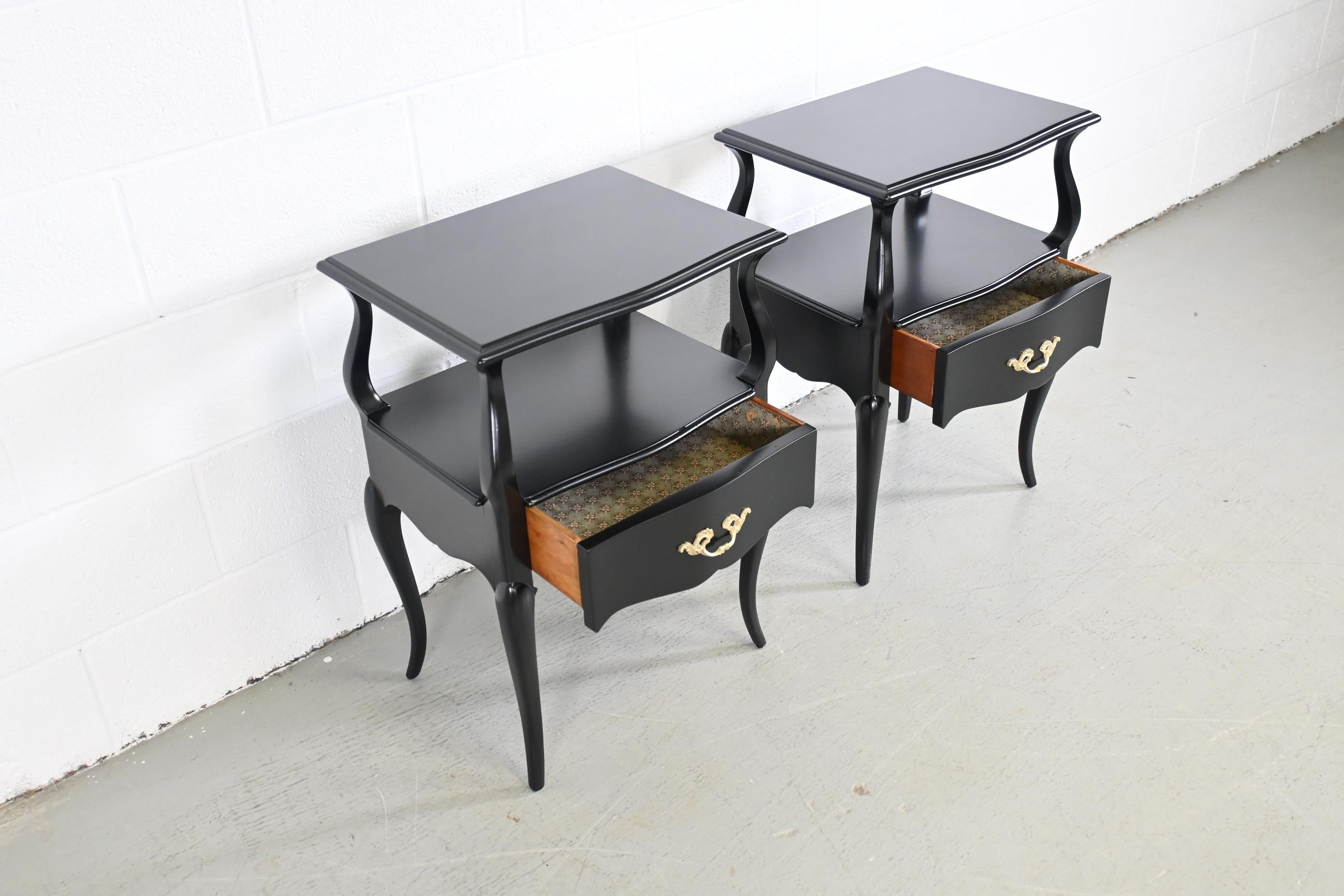 French Provincial Style Black Lacquered Nightstands, Pair Description 3
