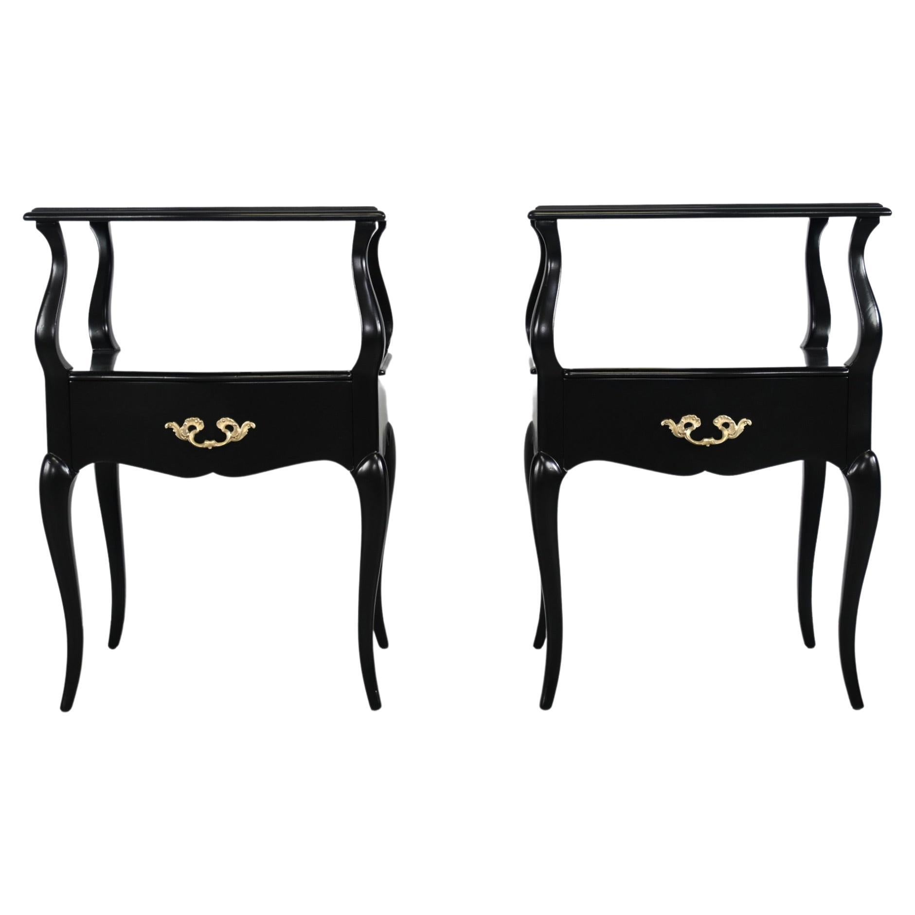 French Provincial Style Black Lacquered Nightstands, Pair Description