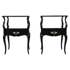 French Provincial Style Black Lacquered Nightstands, Pair Description