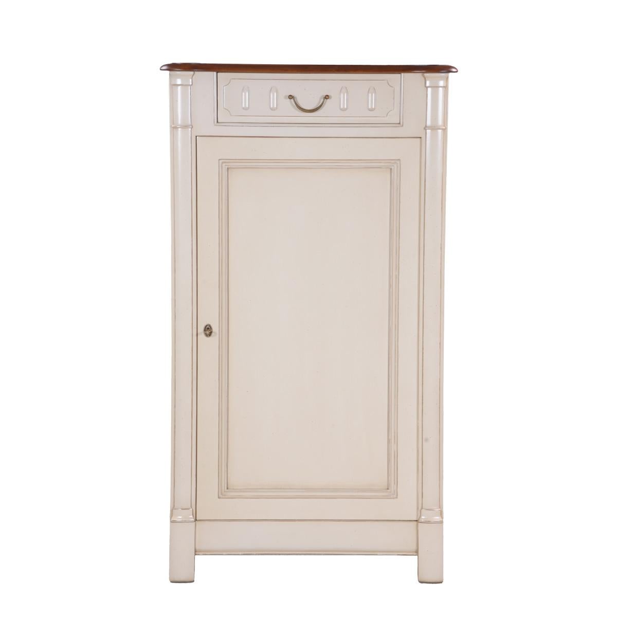 Brass French provincial style bonnetiere in solid cherry, white cream lacquered For Sale