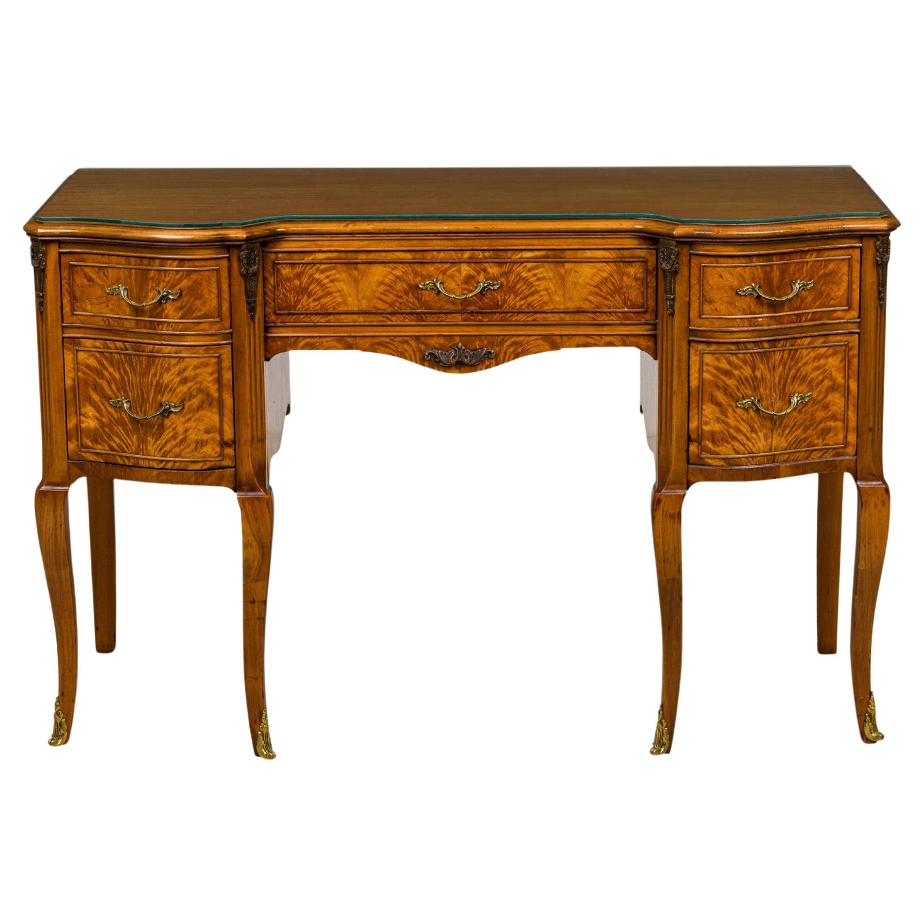 French Provincial style Burlwood Vanity Desk with Glass Top