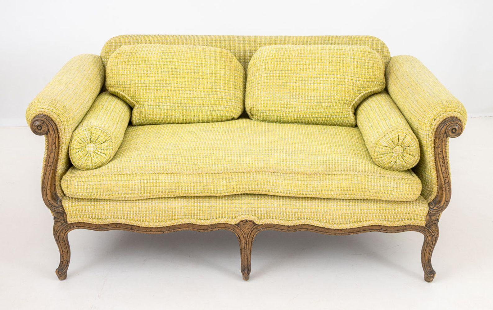 French Provincial Style Chartreuse Upholstered Sofa, Bobrosky Custom Furniture label under cushion. 28.5