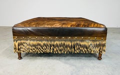 French Provincial Style Cowhide Leather Fringe Cocktail Ottoman Bench