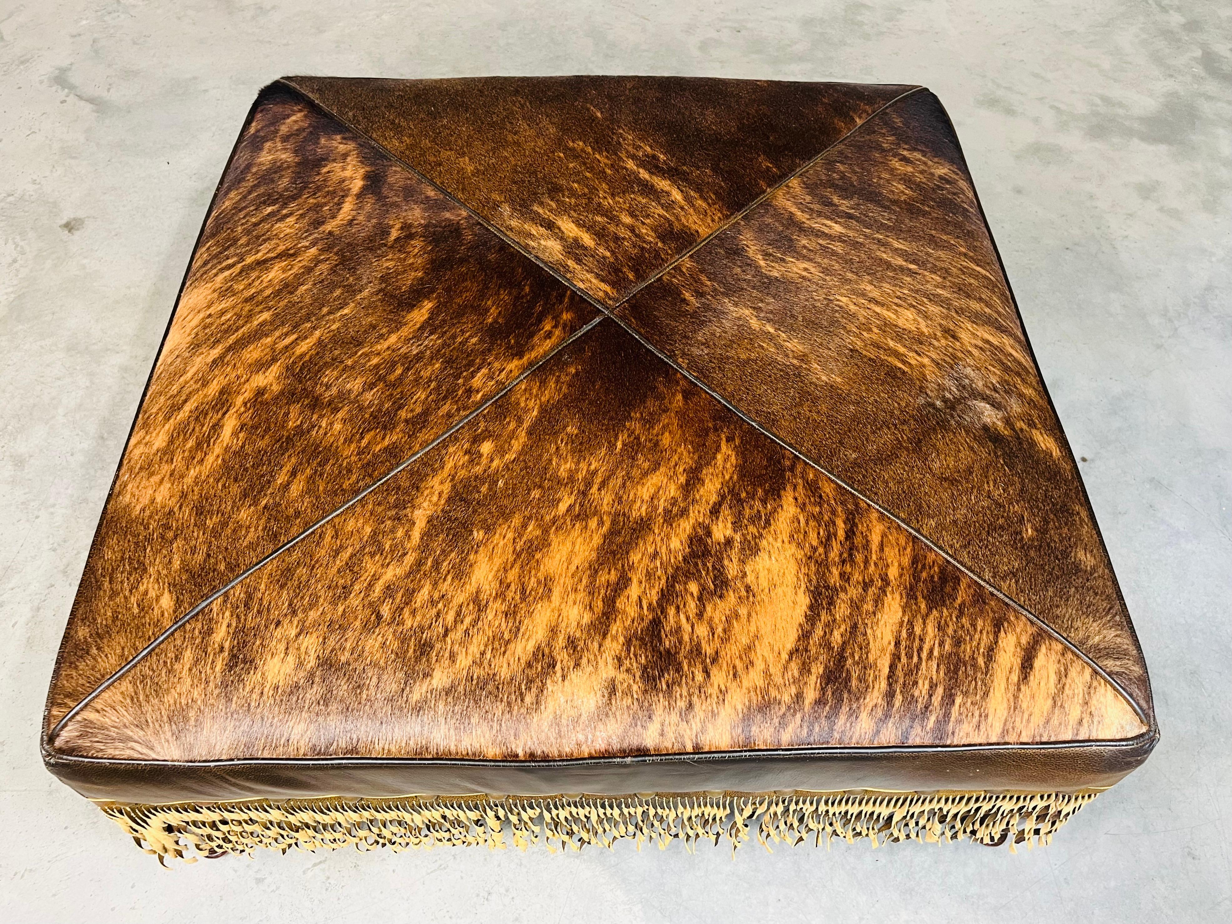American French Provincial Style Cowhide Leather Fringe Cocktail Ottoman Bench