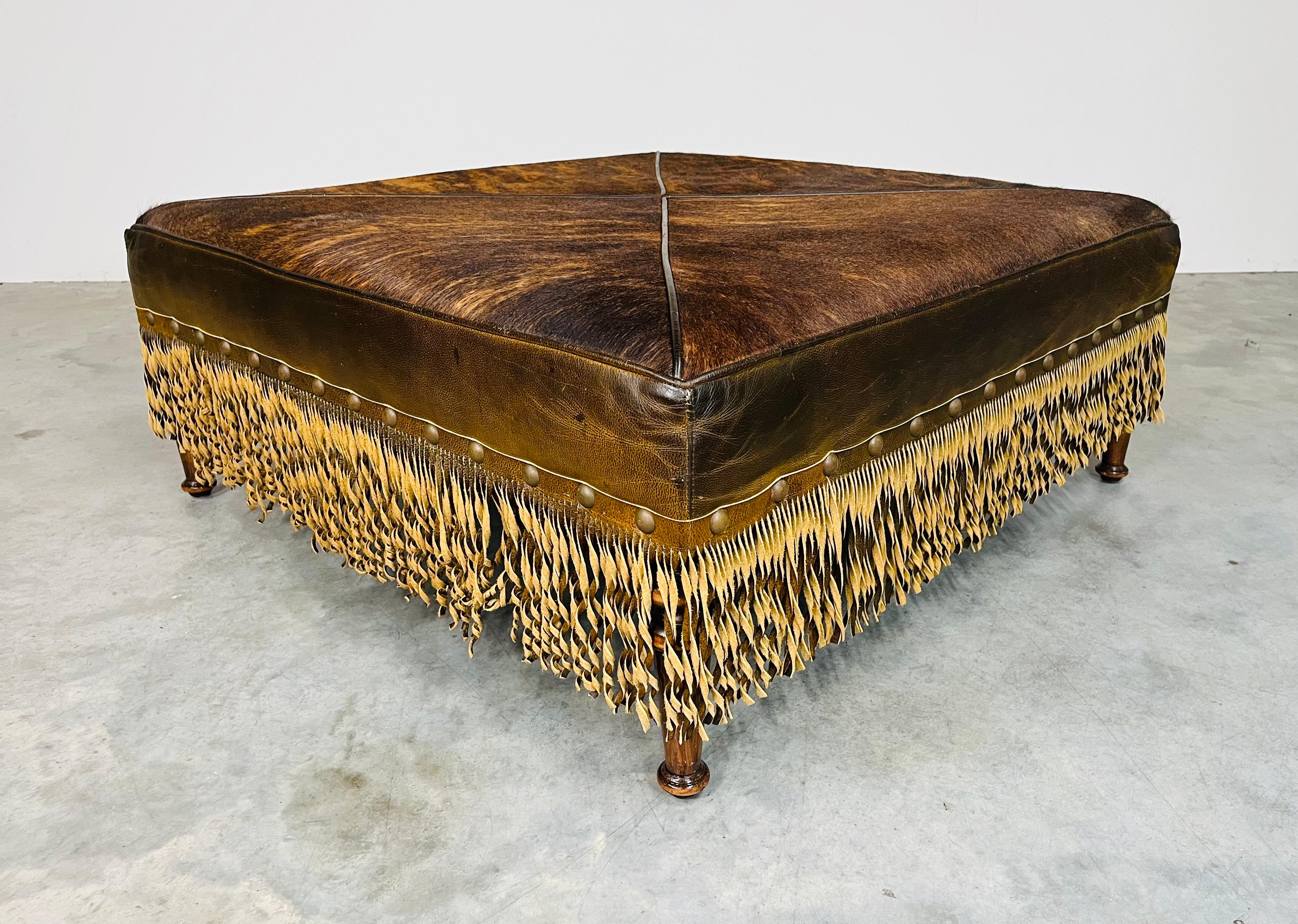 Turned French Provincial Style Cowhide Leather Fringe Cocktail Ottoman Bench