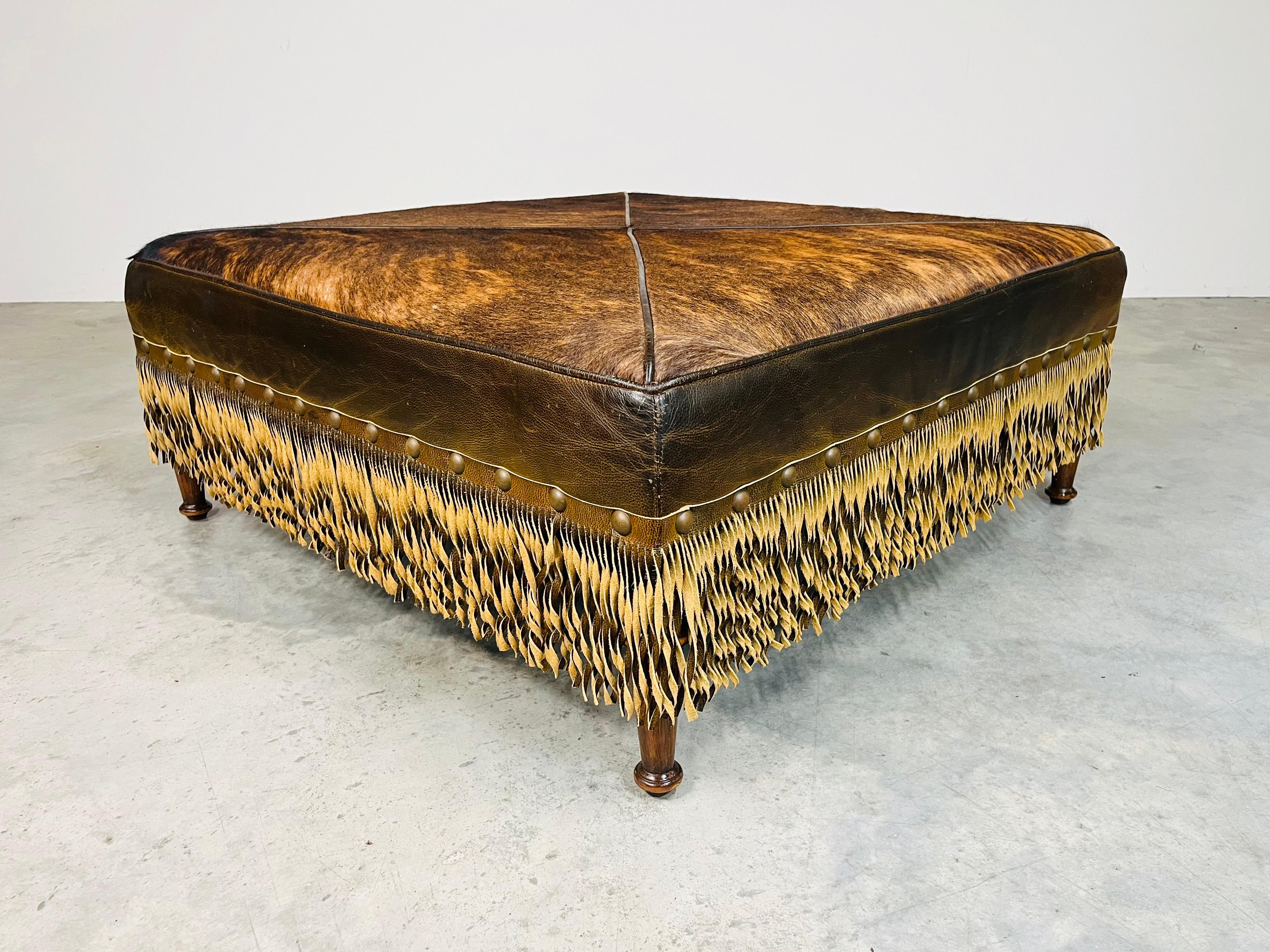 French Provincial Style Cowhide Leather Fringe Cocktail Ottoman Bench In Excellent Condition In Southampton, NJ