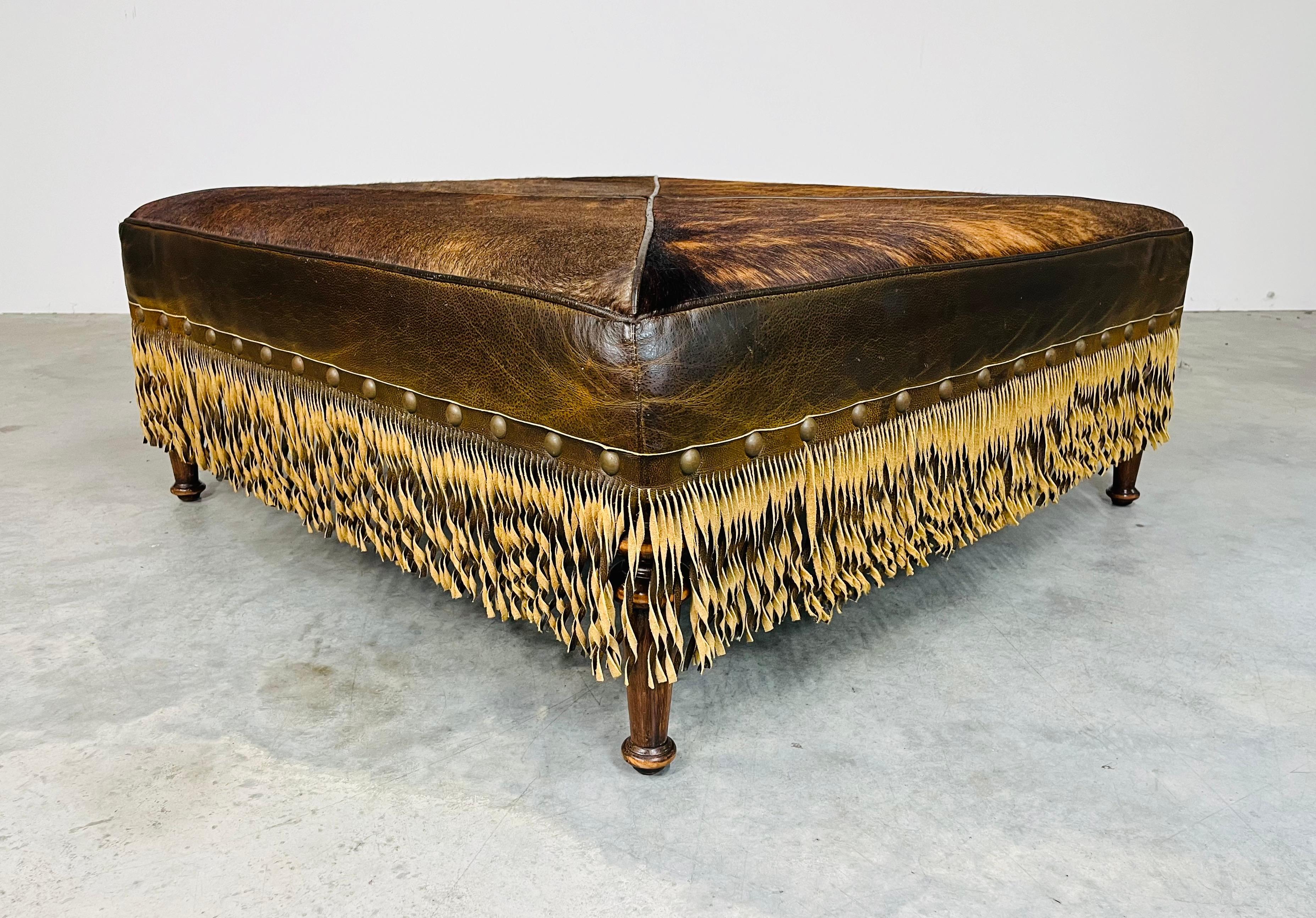 Contemporary French Provincial Style Cowhide Leather Fringe Cocktail Ottoman Bench