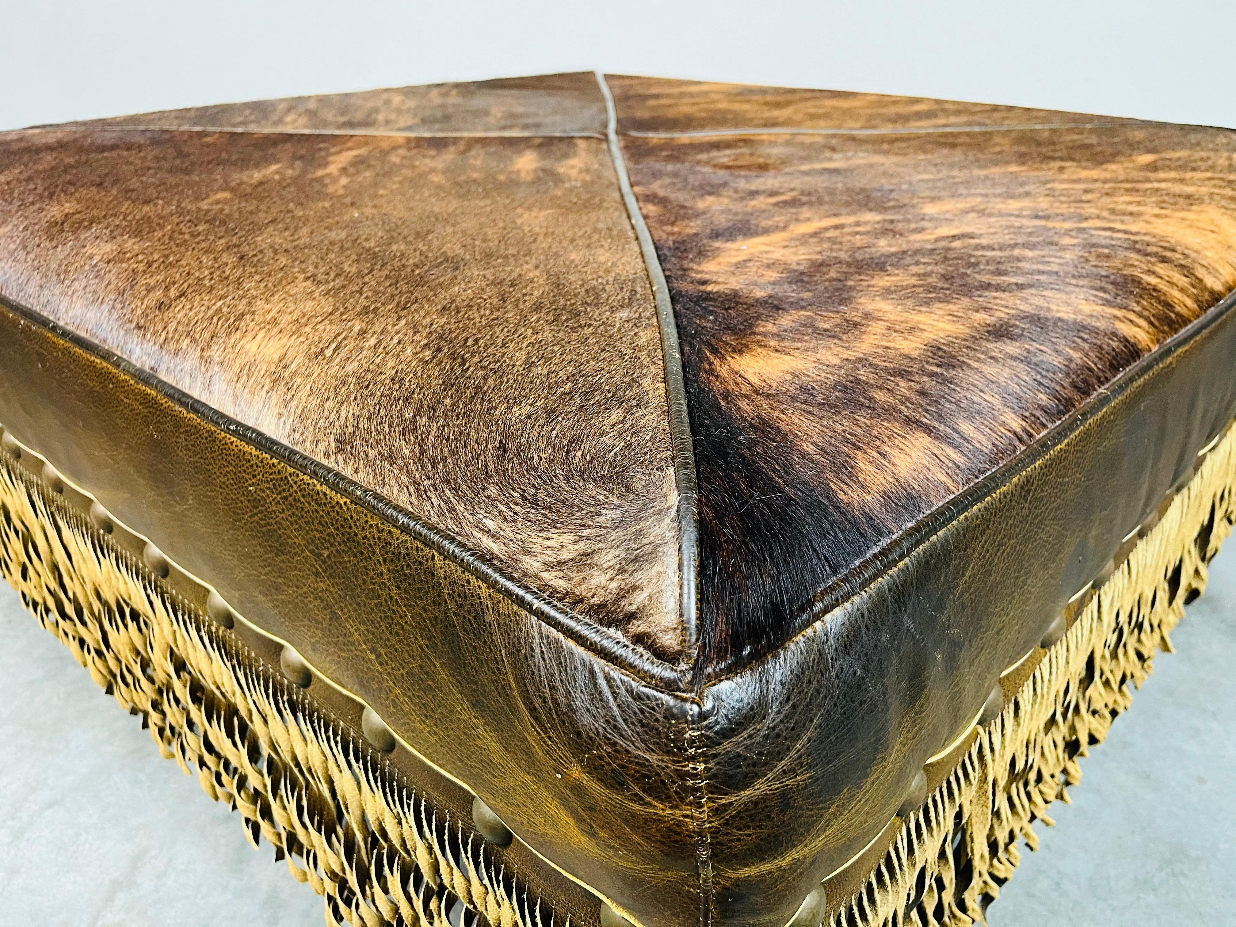 Brass French Provincial Style Cowhide Leather Fringe Cocktail Ottoman Bench