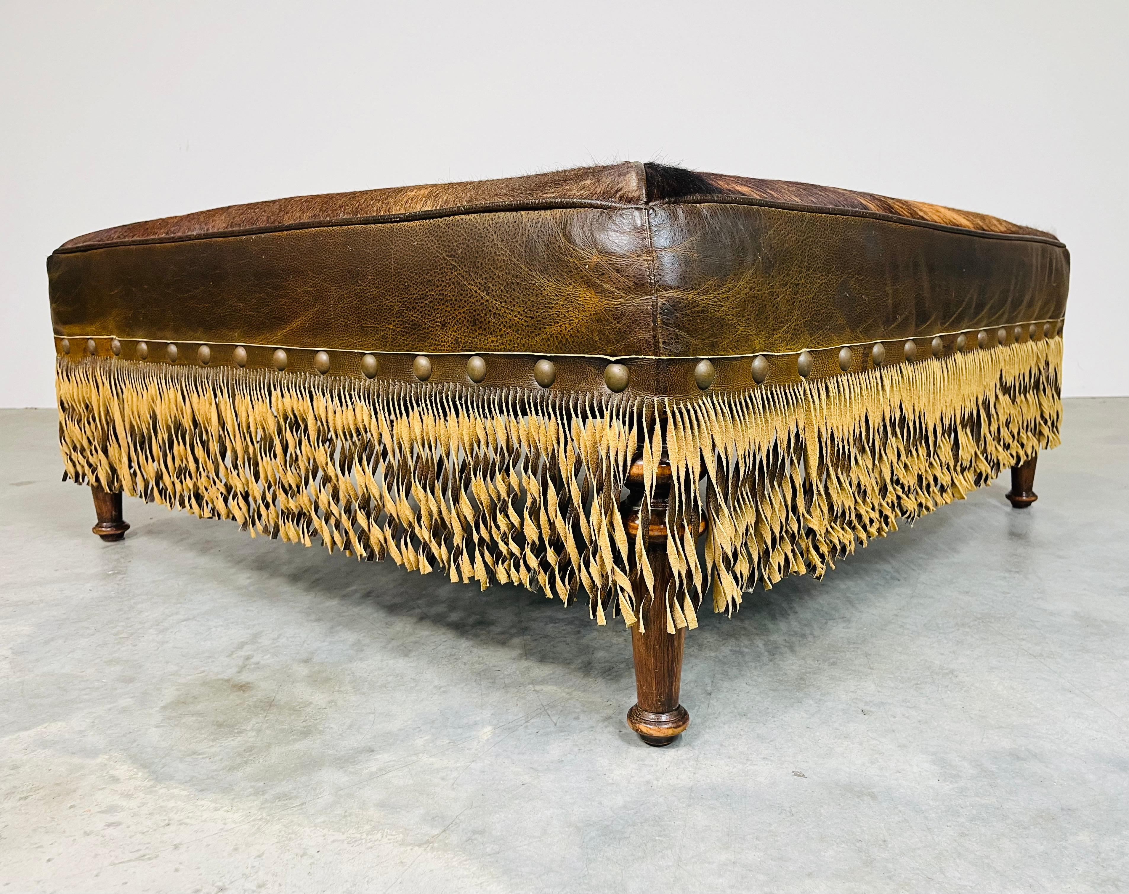 French Provincial Style Cowhide Leather Fringe Cocktail Ottoman Bench 1