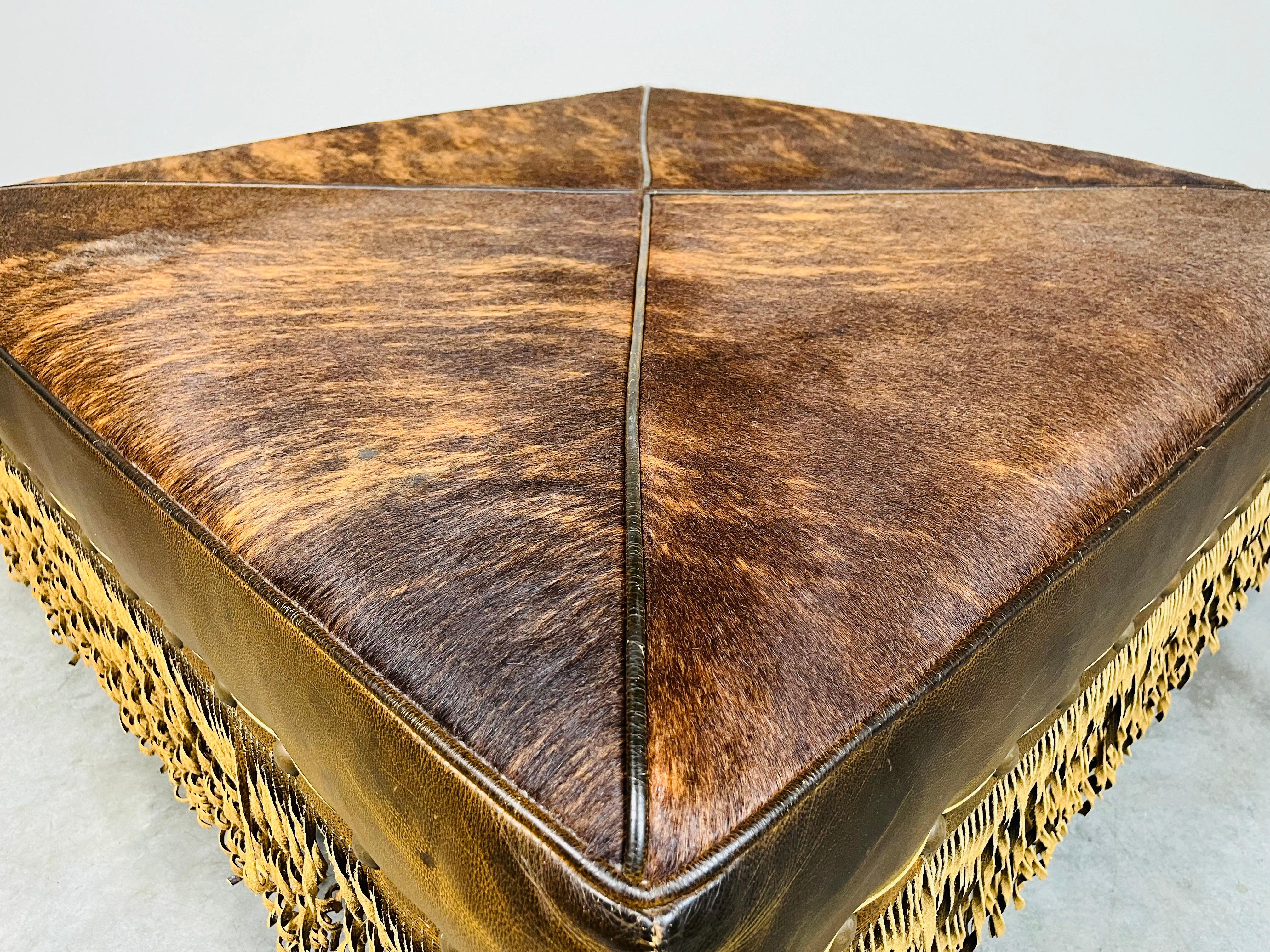 French Provincial Style Cowhide Leather Fringe Cocktail Ottoman Bench 2
