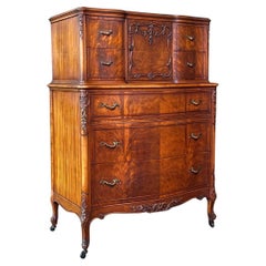 French Provincial Style Flame Mahognay Highboy Dresser w/ Serpentine Front