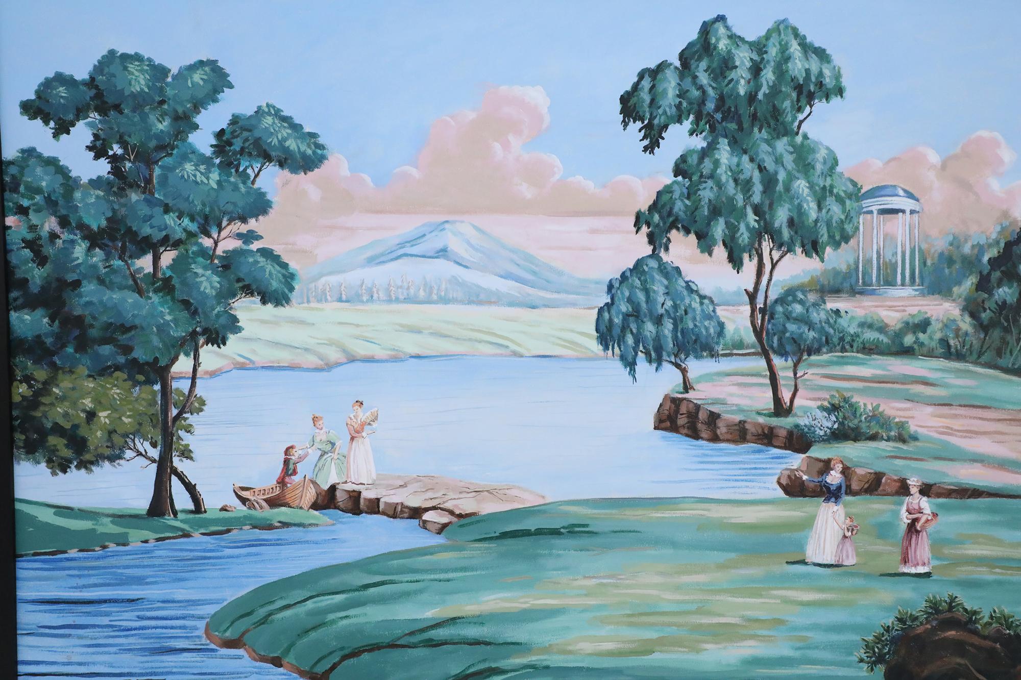 French Provincial-style (mid-20th century) oil on canvas painting depicting a pastoral scene of women and children next to a lake with mountains and a gazebo in the distance in a rectangular black painted wooden frame.