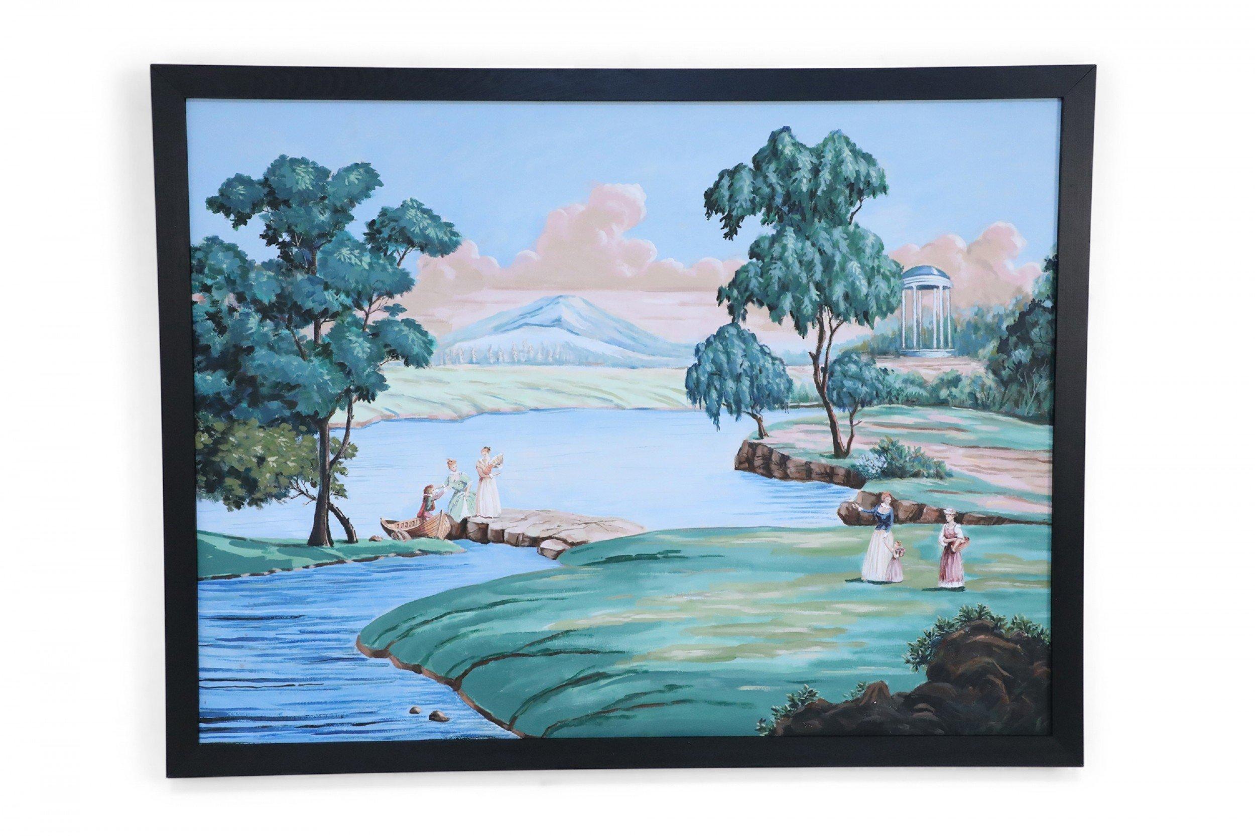 Canvas French Provincial Style Framed Oil Painting of a Landscape of People in a Lakesi For Sale