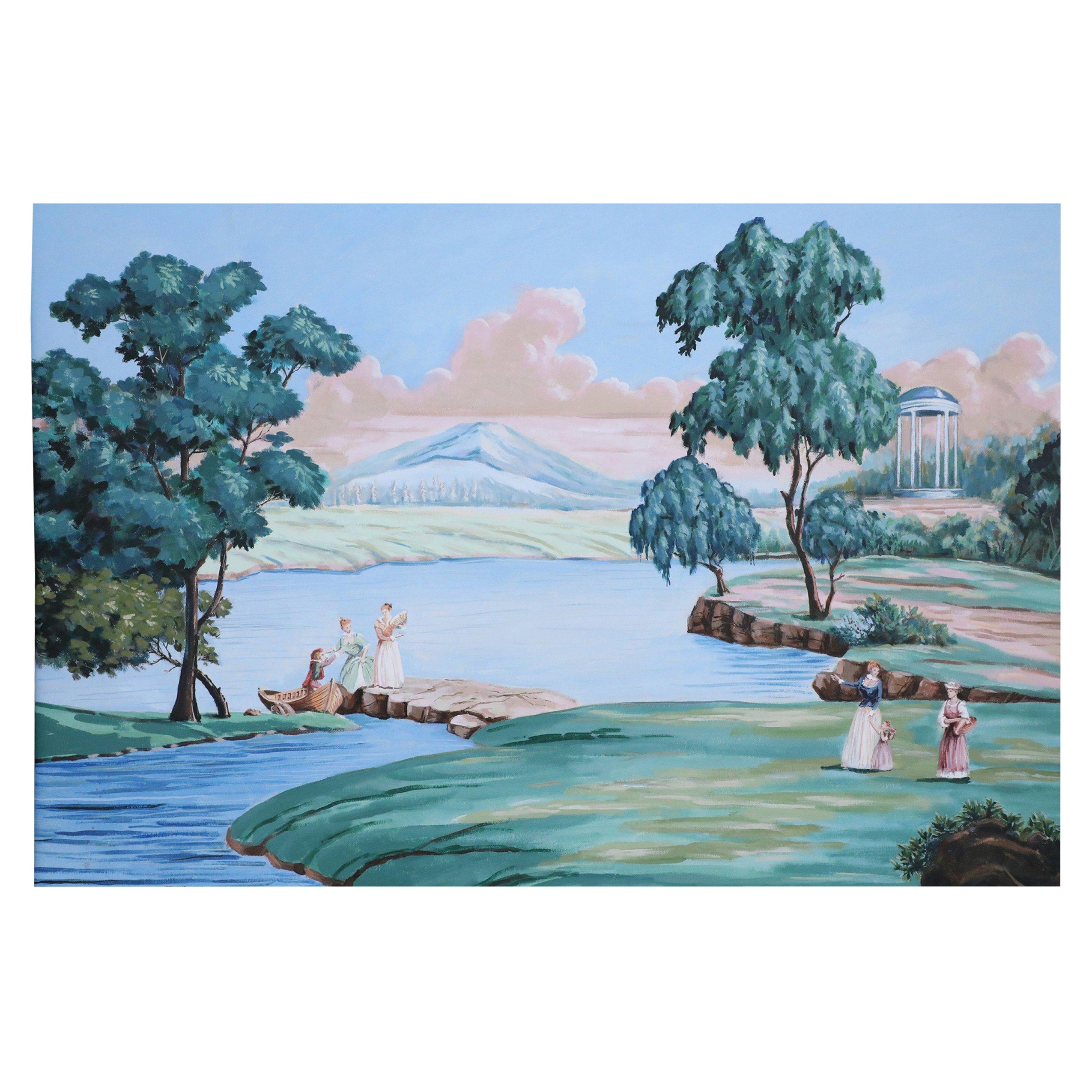 Quadro ad olio con cornice in stile provinciale francese raffigurante un paesaggio di persone in un lago