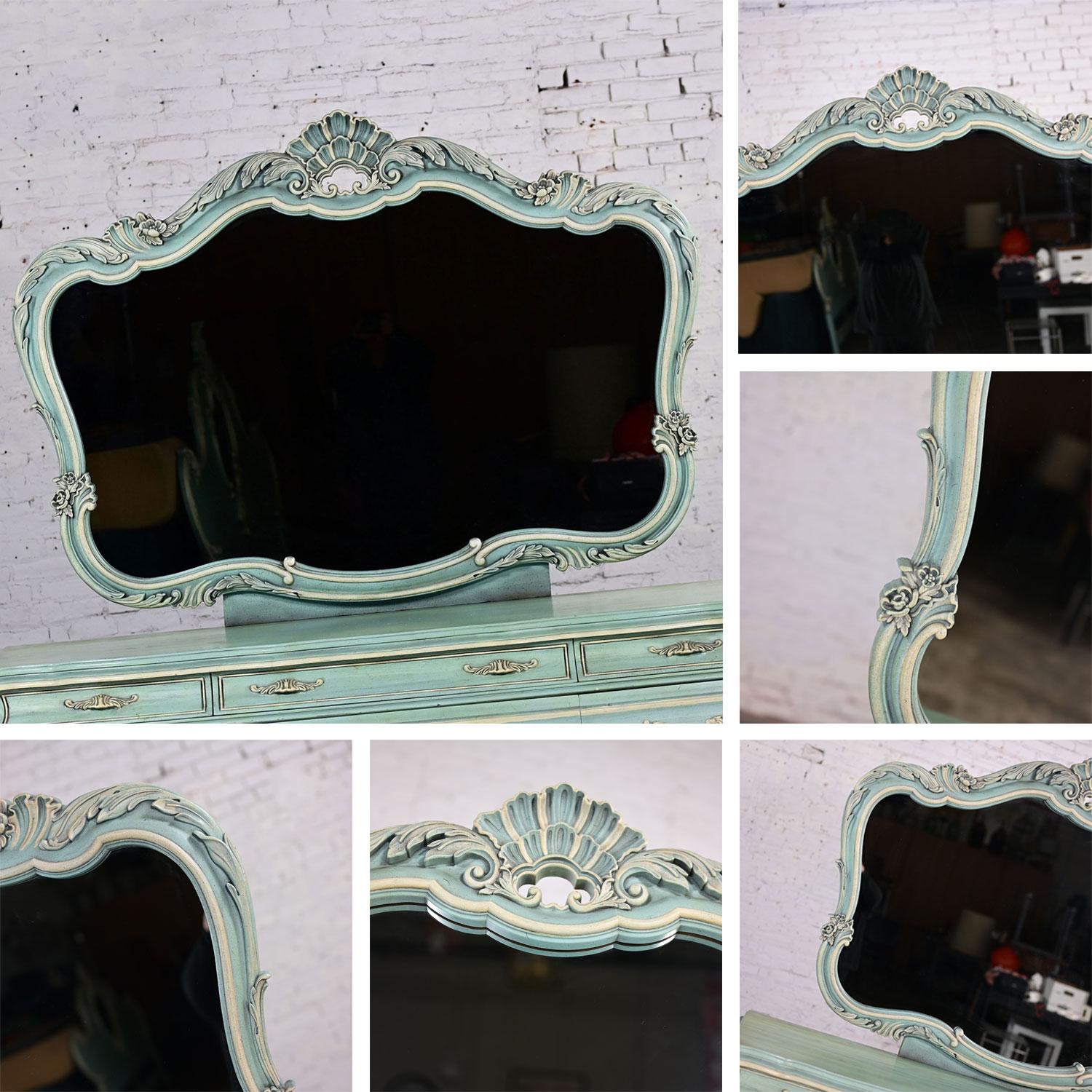 French Provincial Style Heavy Carved Powder Blue Ceruse Bombay Dresser & Mirror For Sale 3