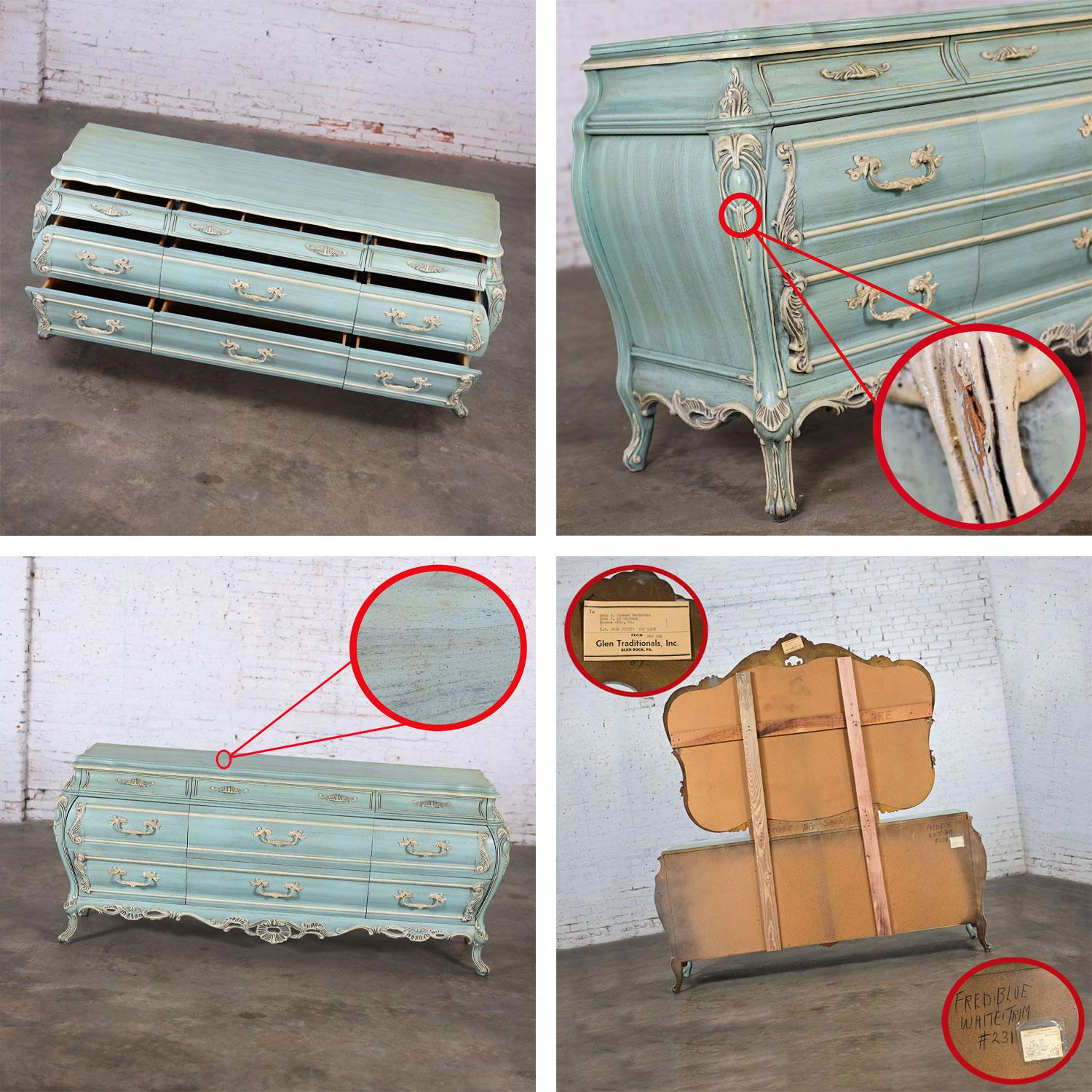 French Provincial Style Heavy Carved Powder Blue Ceruse Bombay Dresser & Mirror For Sale 4