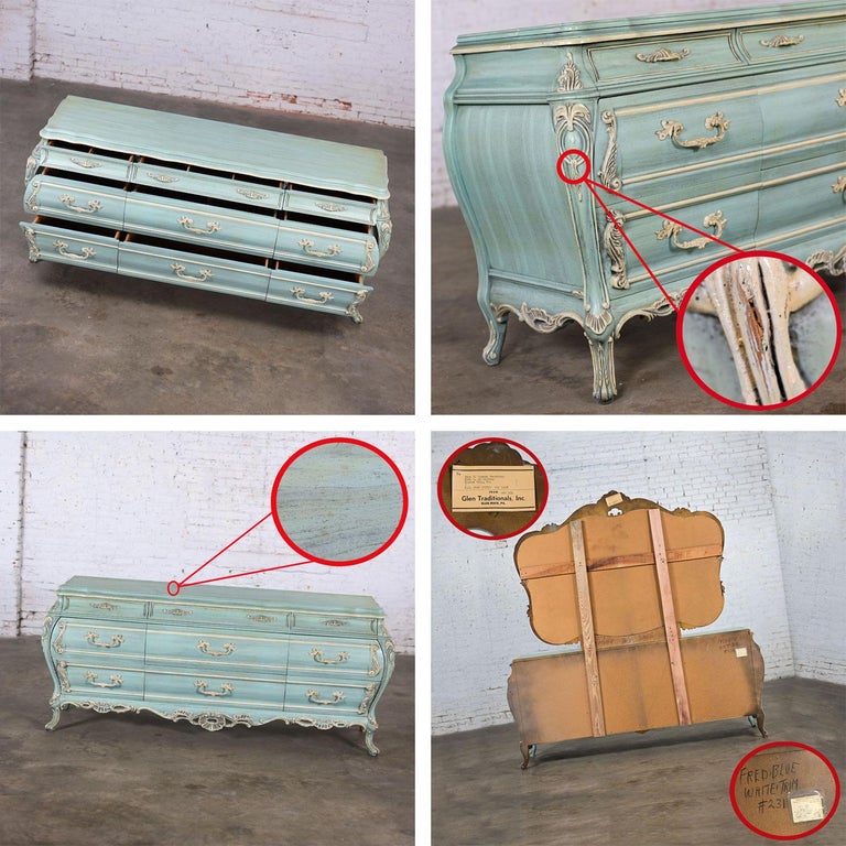 French Provincial Style Heavy Carved Powder Blue Ceruse Bombay Dresser and  Mirror For Sale at 1stDibs