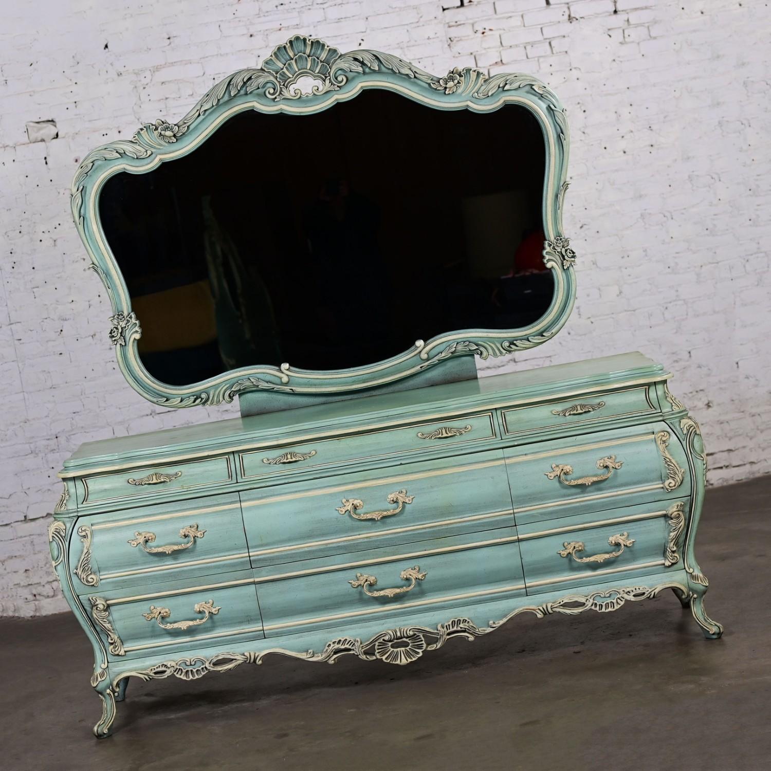 French Provincial Style Heavy Carved Powder Blue Ceruse Bombay Dresser & Mirror For Sale 5