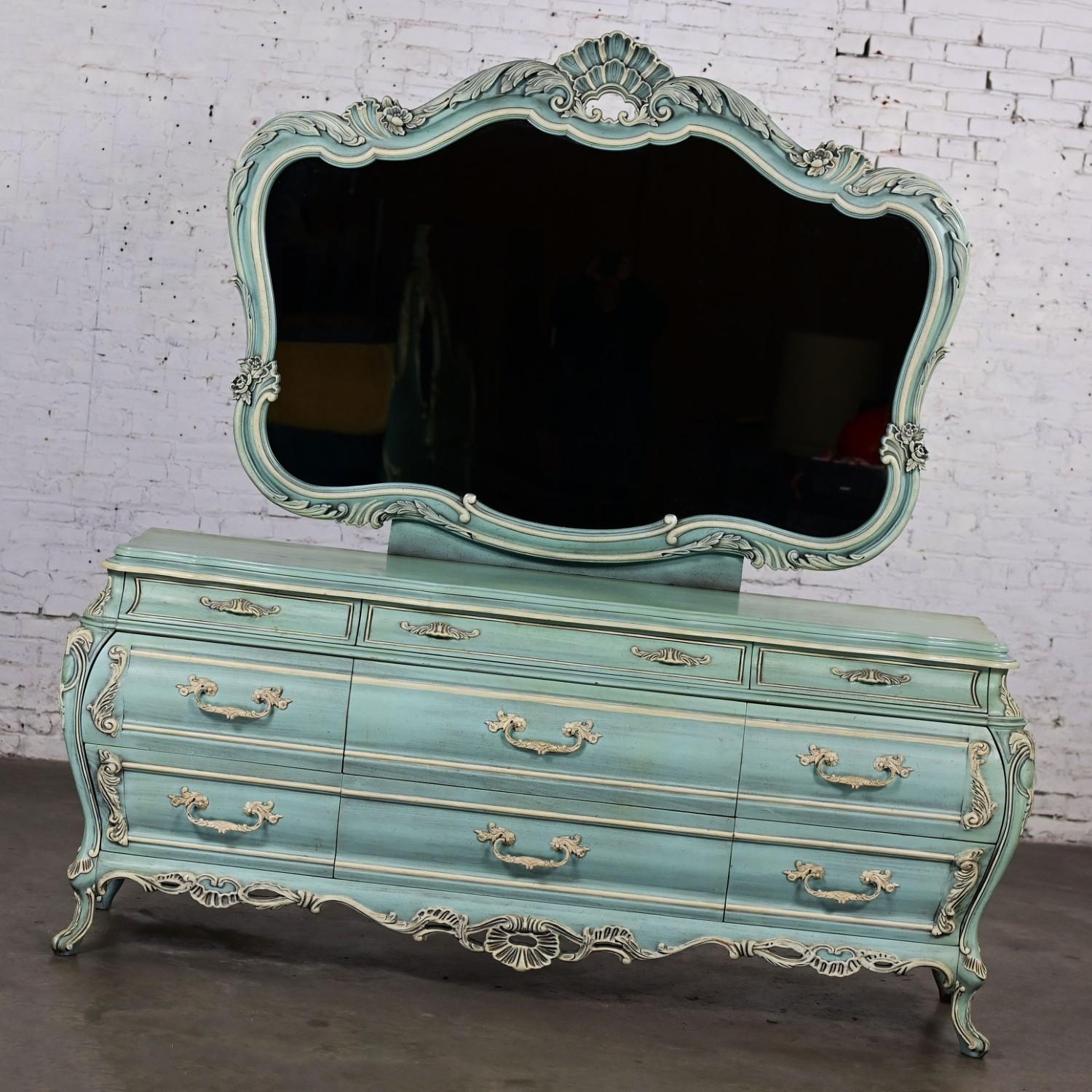 Mid-Century Modern French Provincial Style Heavy Carved Powder Blue Ceruse Bombay Dresser & Mirror For Sale
