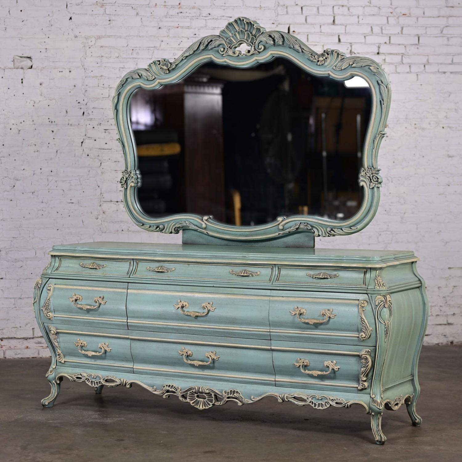 Unknown French Provincial Style Heavy Carved Powder Blue Ceruse Bombay Dresser & Mirror For Sale