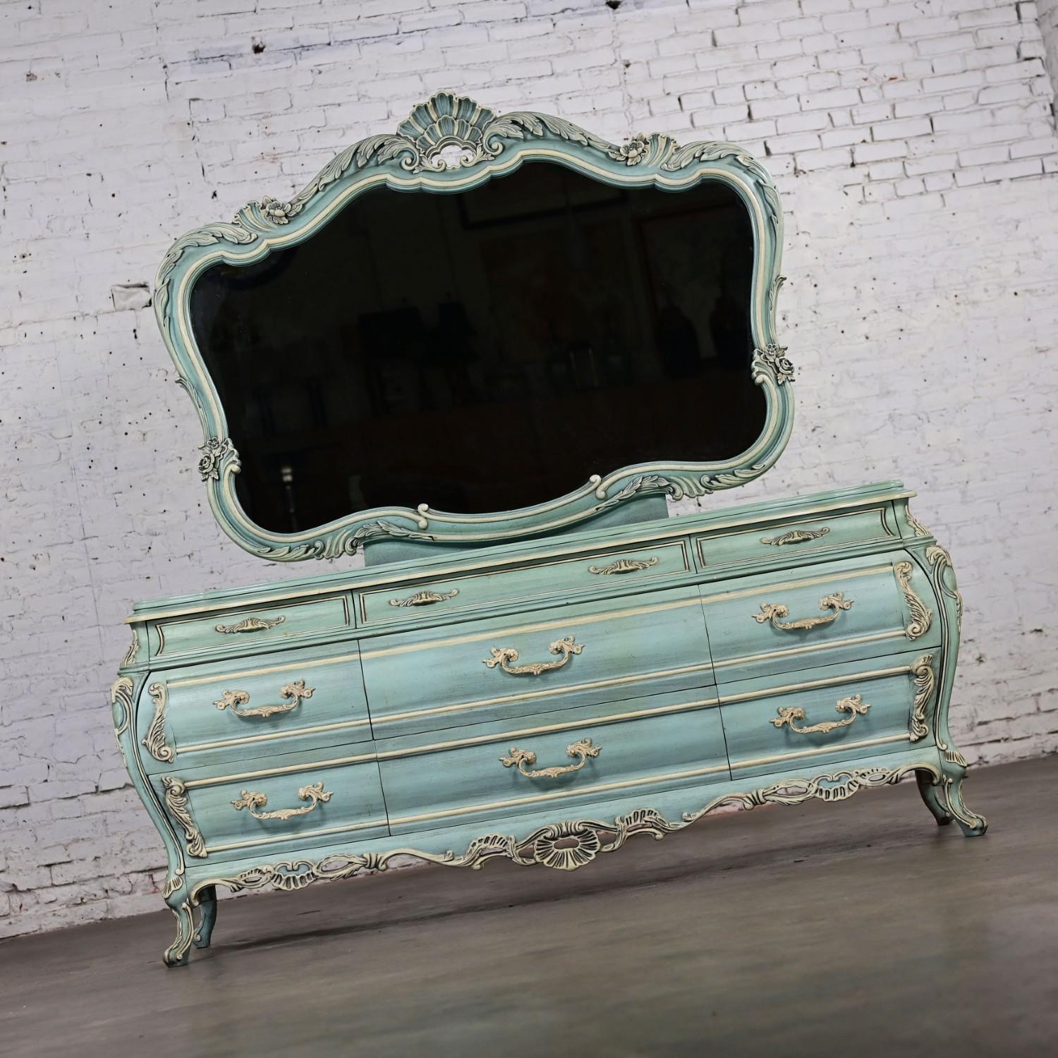 Cerused French Provincial Style Heavy Carved Powder Blue Ceruse Bombay Dresser & Mirror For Sale