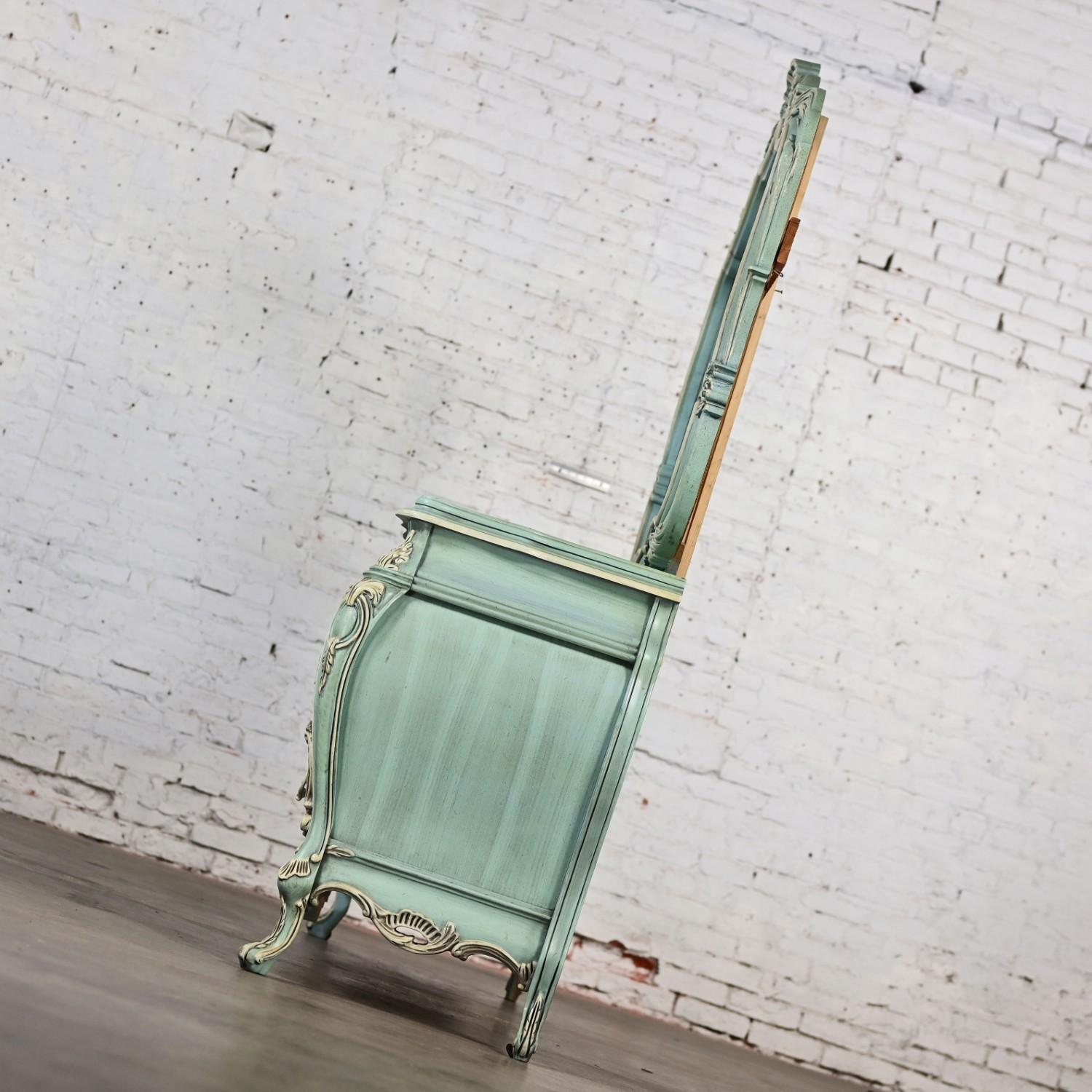 French Provincial Style Heavy Carved Powder Blue Ceruse Bombay Dresser & Mirror In Good Condition For Sale In Topeka, KS