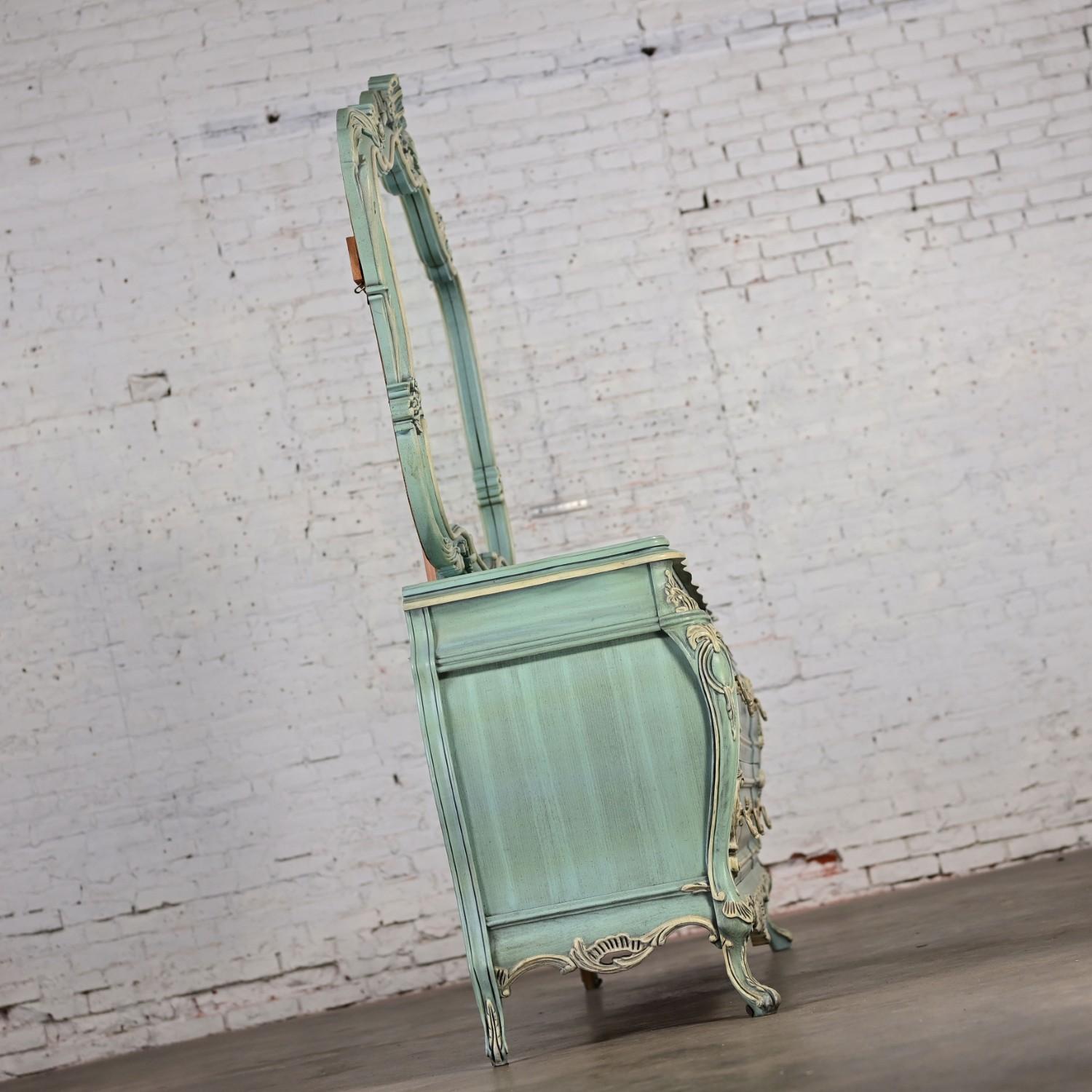 20th Century French Provincial Style Heavy Carved Powder Blue Ceruse Bombay Dresser & Mirror For Sale
