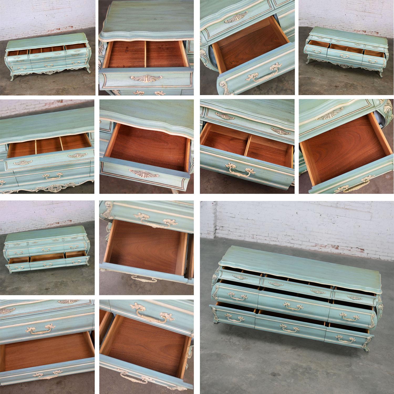 French Provincial Style Heavy Carved Powder Blue Ceruse Bombay Dresser & Mirror For Sale 1