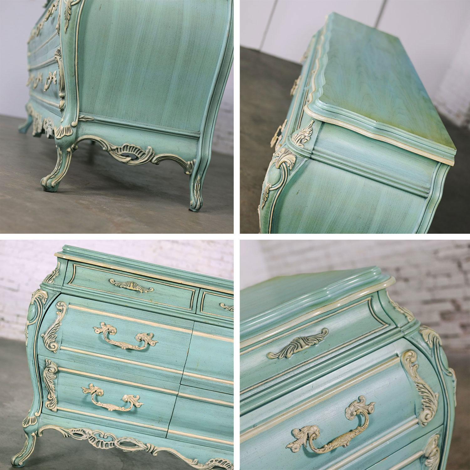 French Provincial Style Heavy Carved Powder Blue Ceruse Bombay Dresser & Mirror For Sale 2