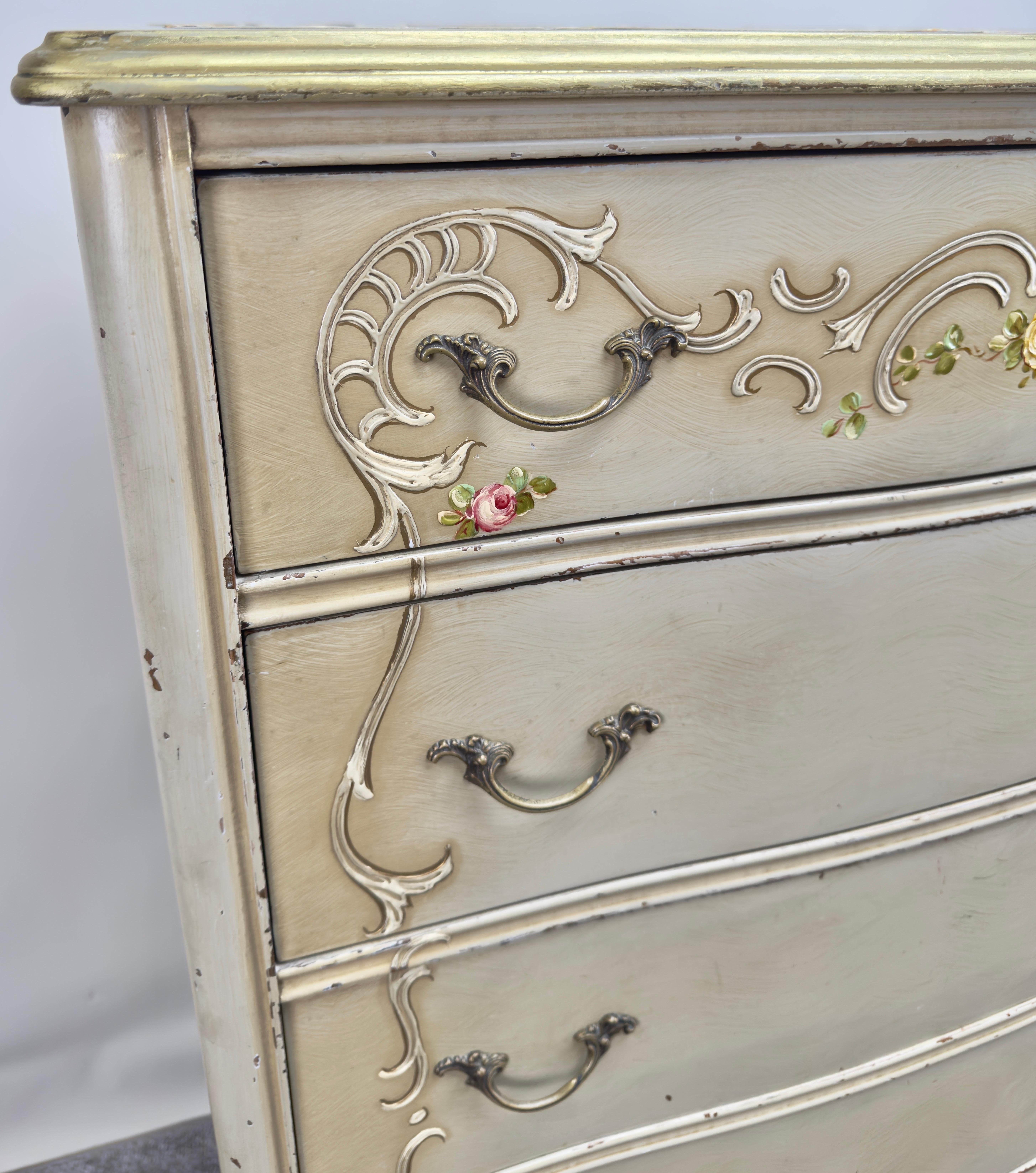 French Provincial Style Highboy Chest of Drawers or Dresser with Floral Design For Sale 7