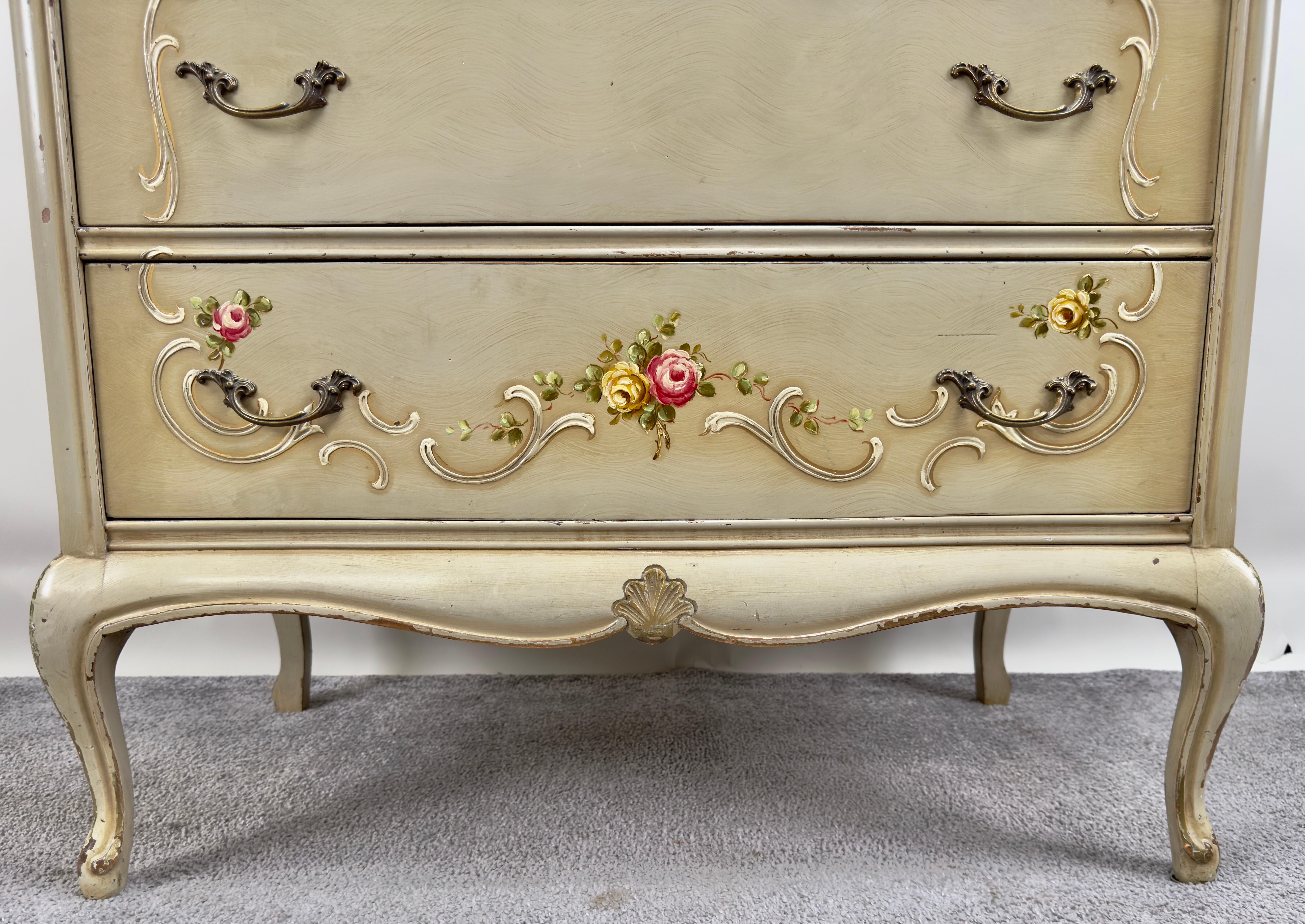 French Provincial Style Highboy Chest of Drawers or Dresser with Floral Design For Sale 8