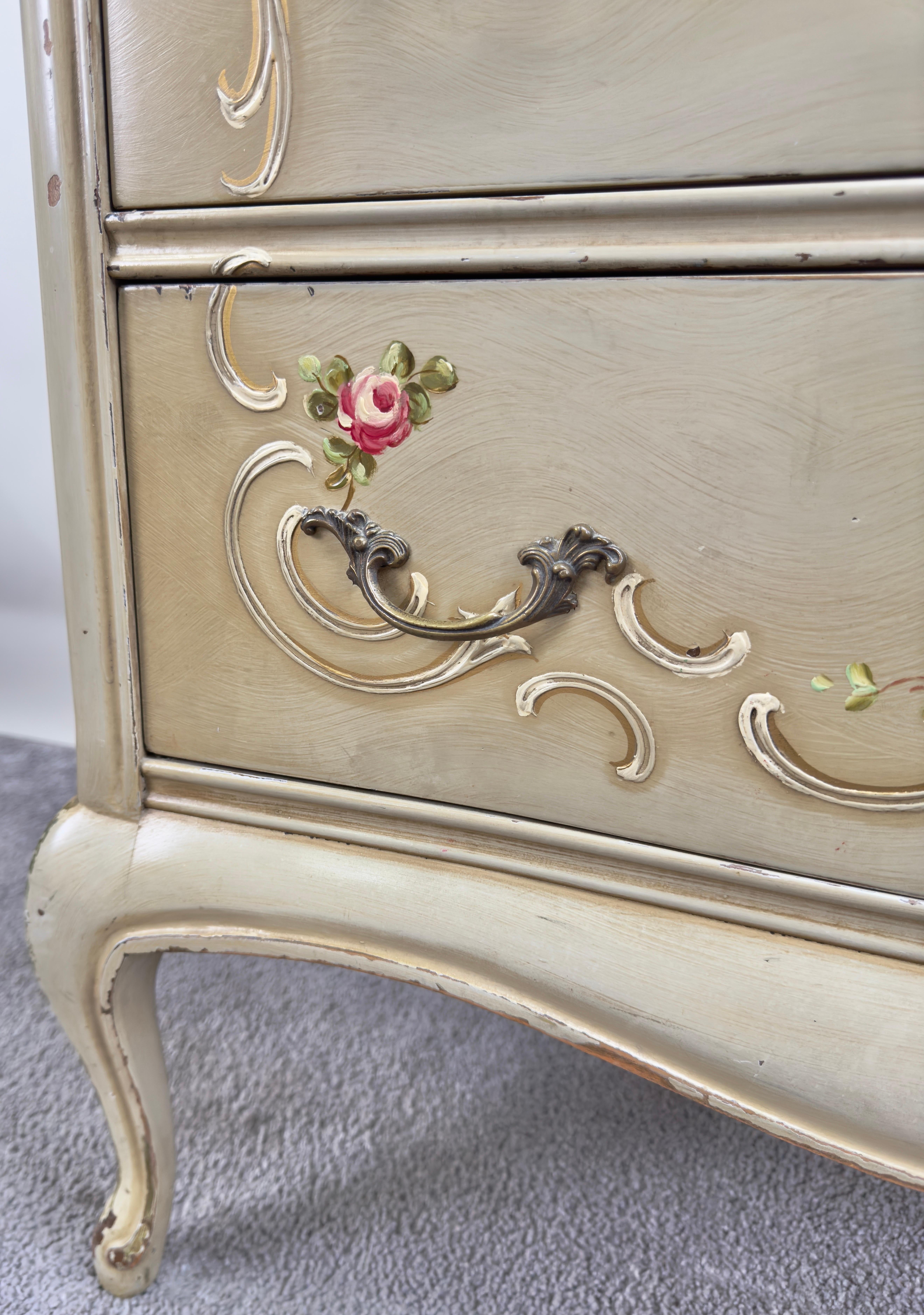 French Provincial Style Highboy Chest of Drawers or Dresser with Floral Design For Sale 9