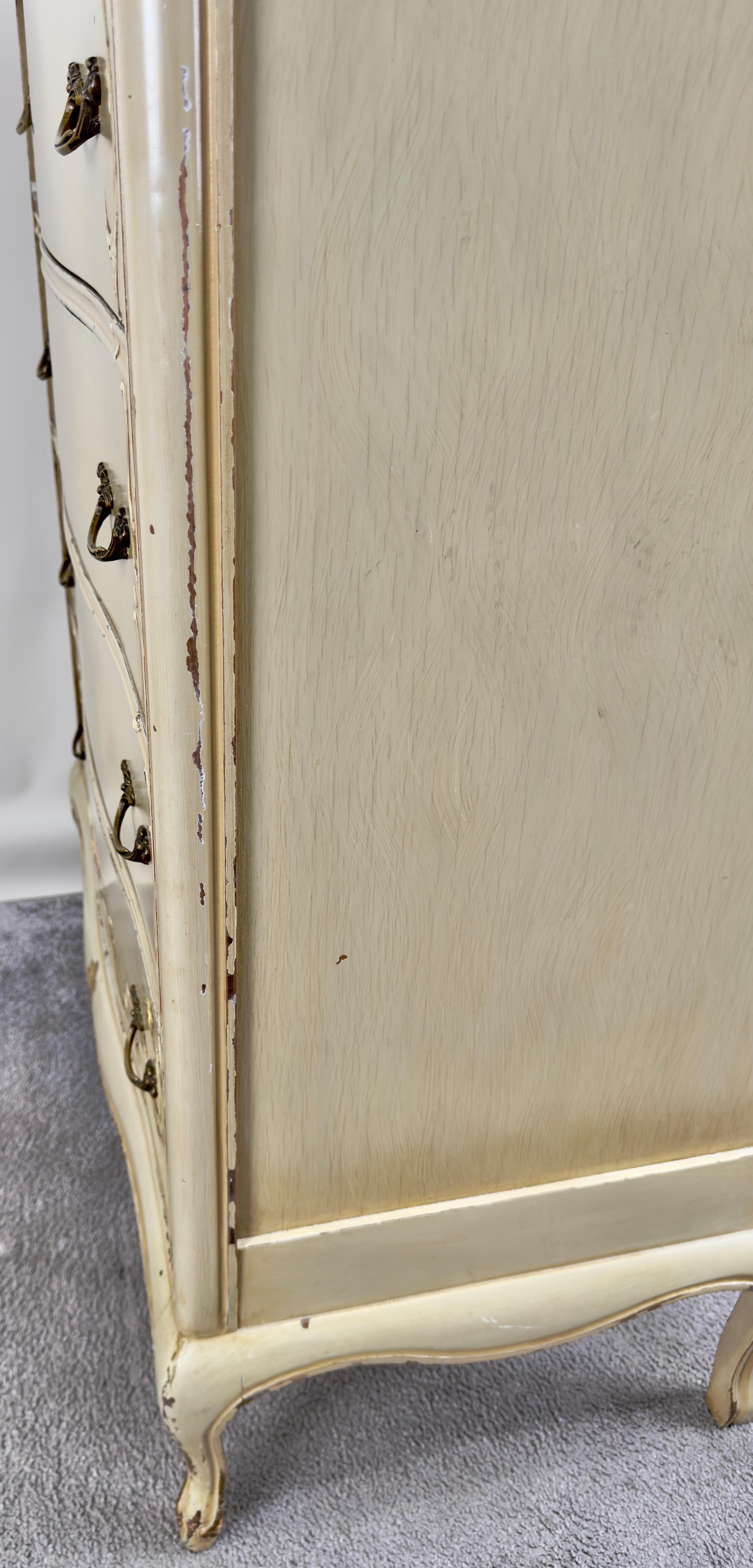 French Provincial Style Highboy Chest of Drawers or Dresser with Floral Design For Sale 11