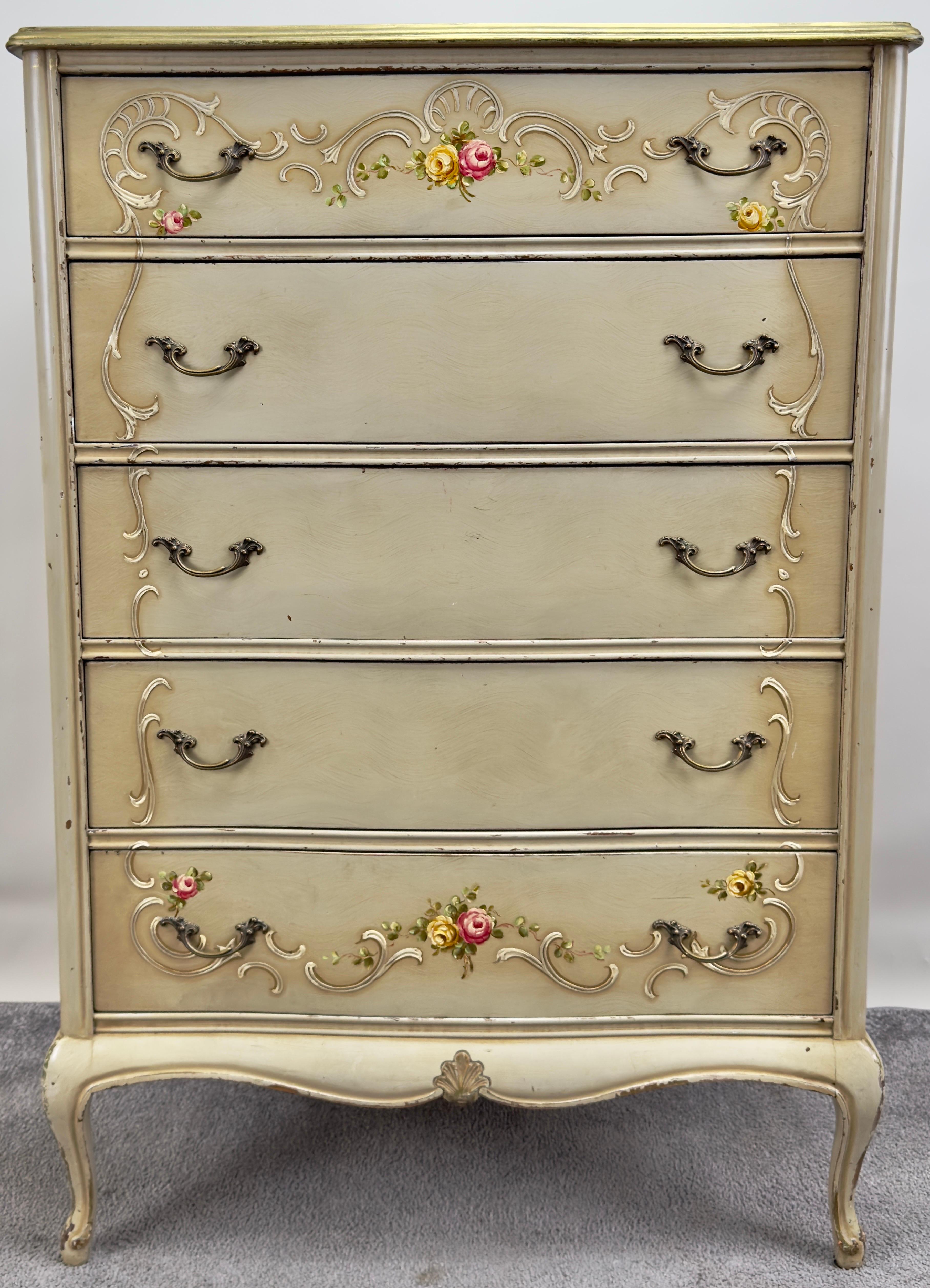Hand-Painted French Provincial Style Highboy Chest of Drawers or Dresser with Floral Design For Sale