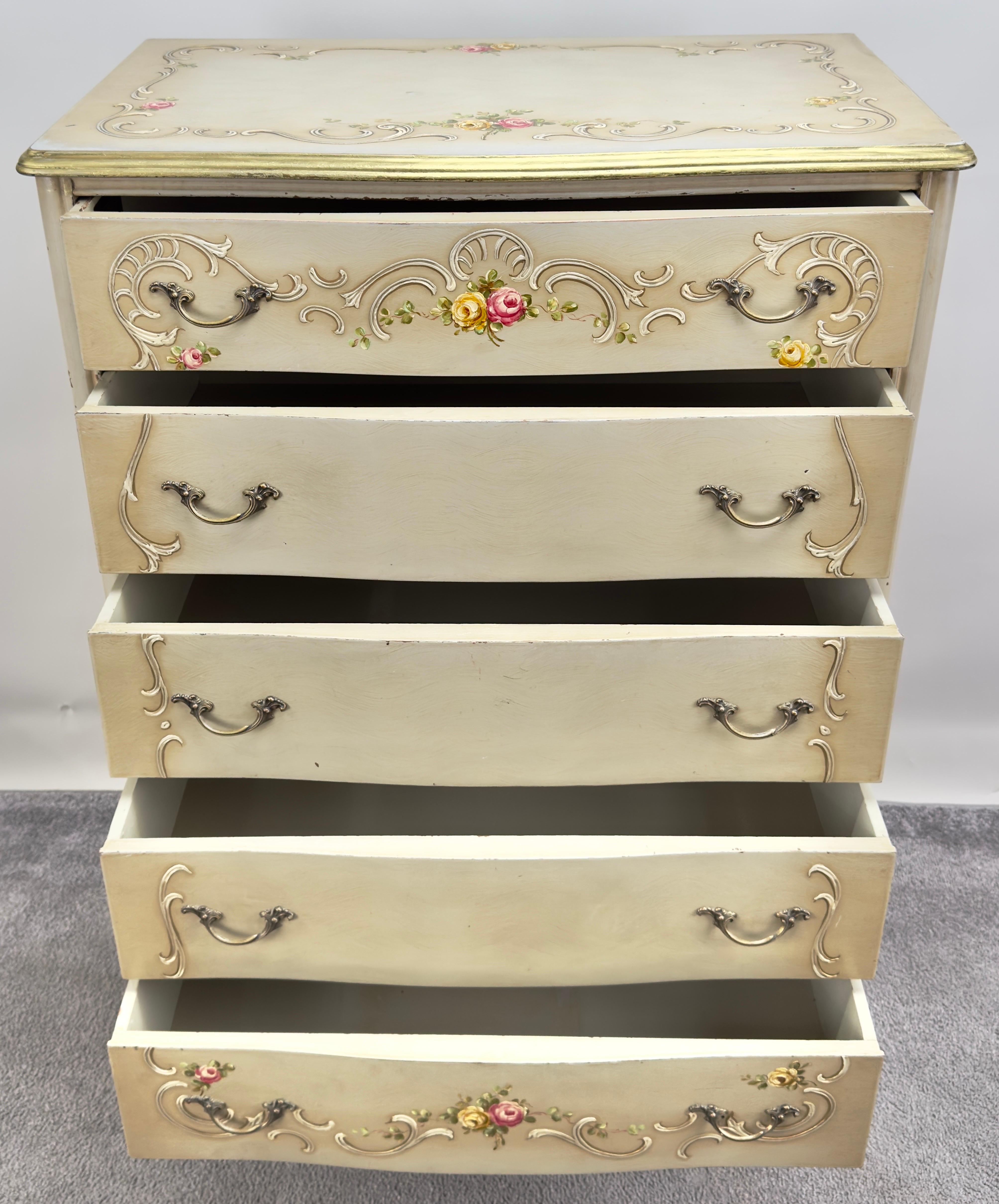French Provincial Style Highboy Chest of Drawers or Dresser with Floral Design For Sale 2