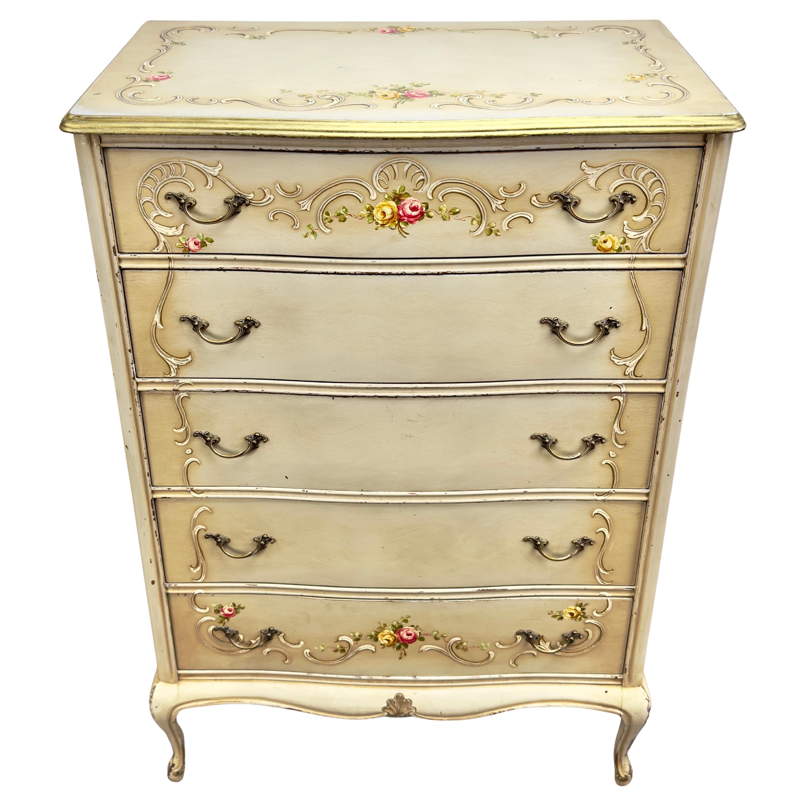 Cómoda o Cajonera Highboy de Estilo Provincial Francés con Diseño Floral