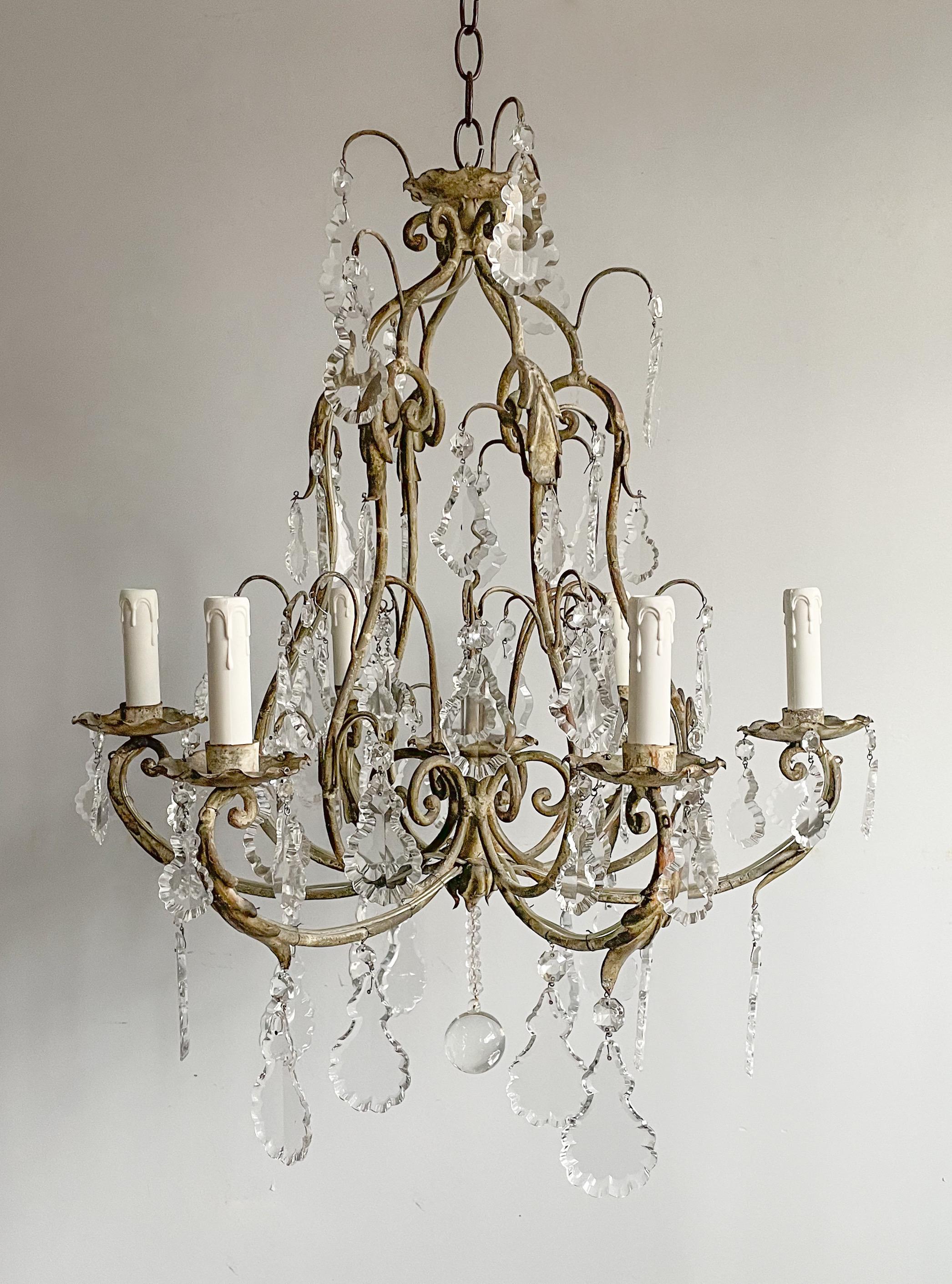 French Provincial-Style Iron and Crystal Chandelier In Good Condition In Los Angeles, CA