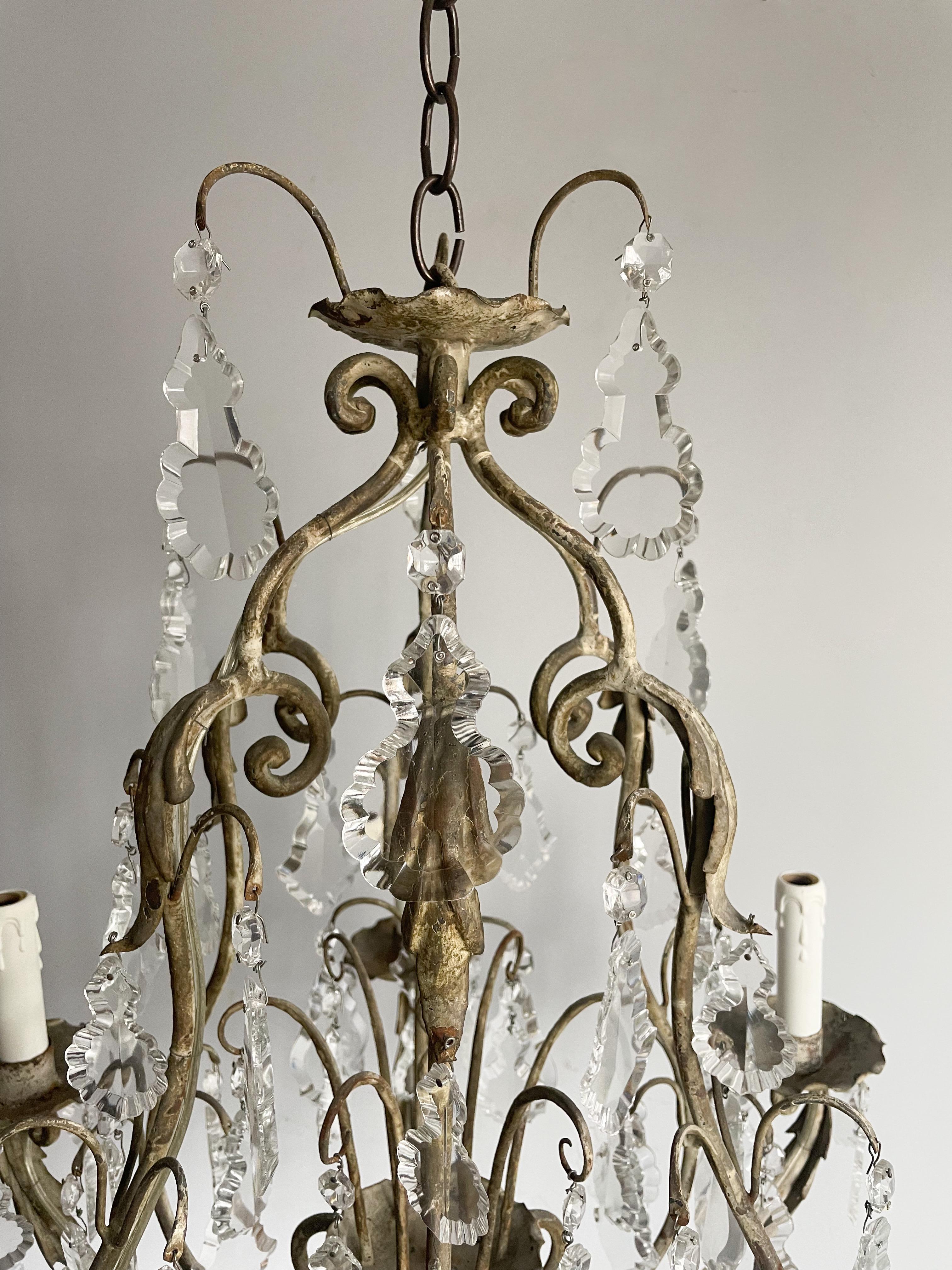 Mid-20th Century French Provincial-Style Iron and Crystal Chandelier