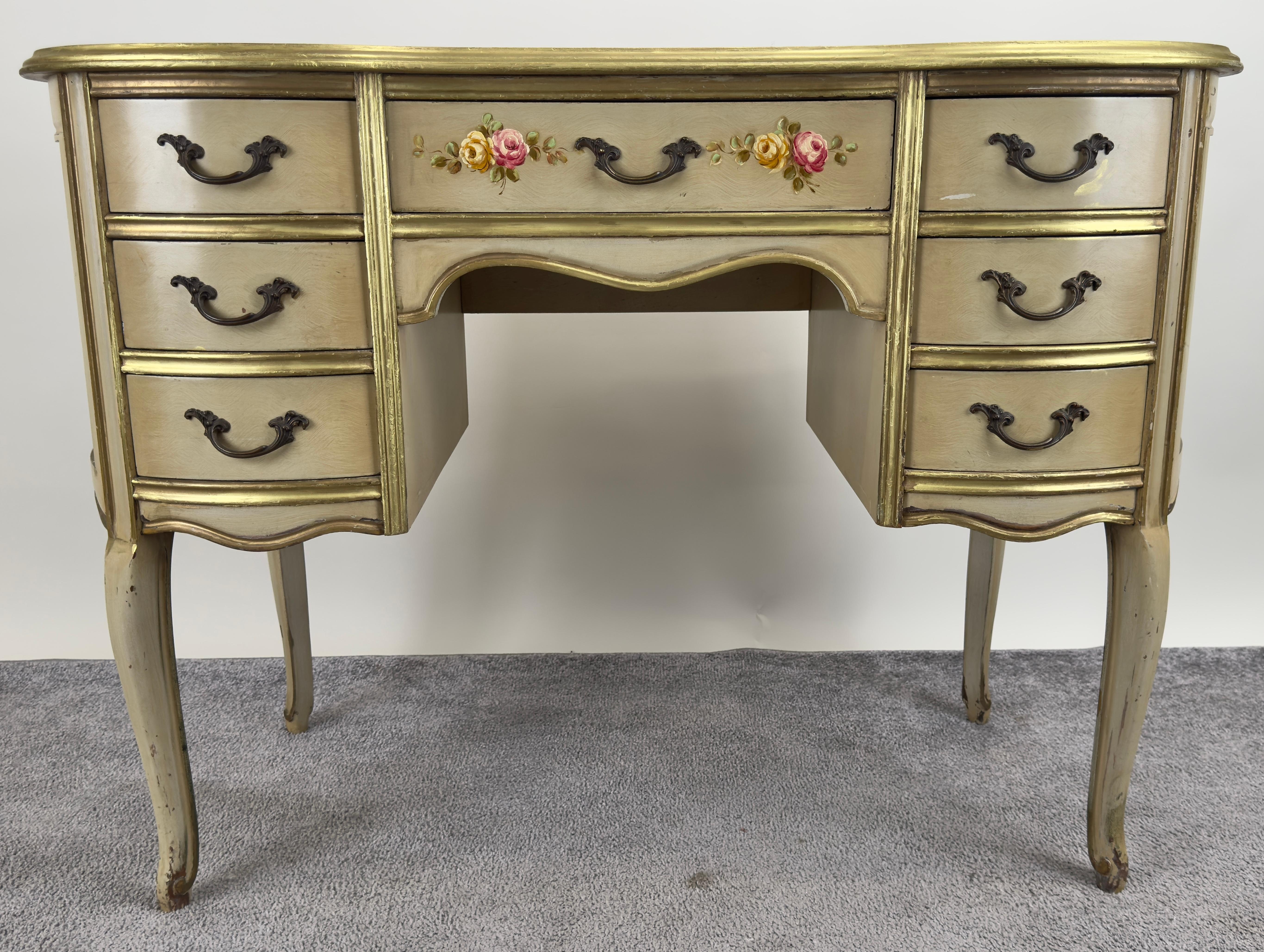 Hand-Painted French Provincial Style Kidney Shaped Lady Writing or Vanity Desk with Ottoman