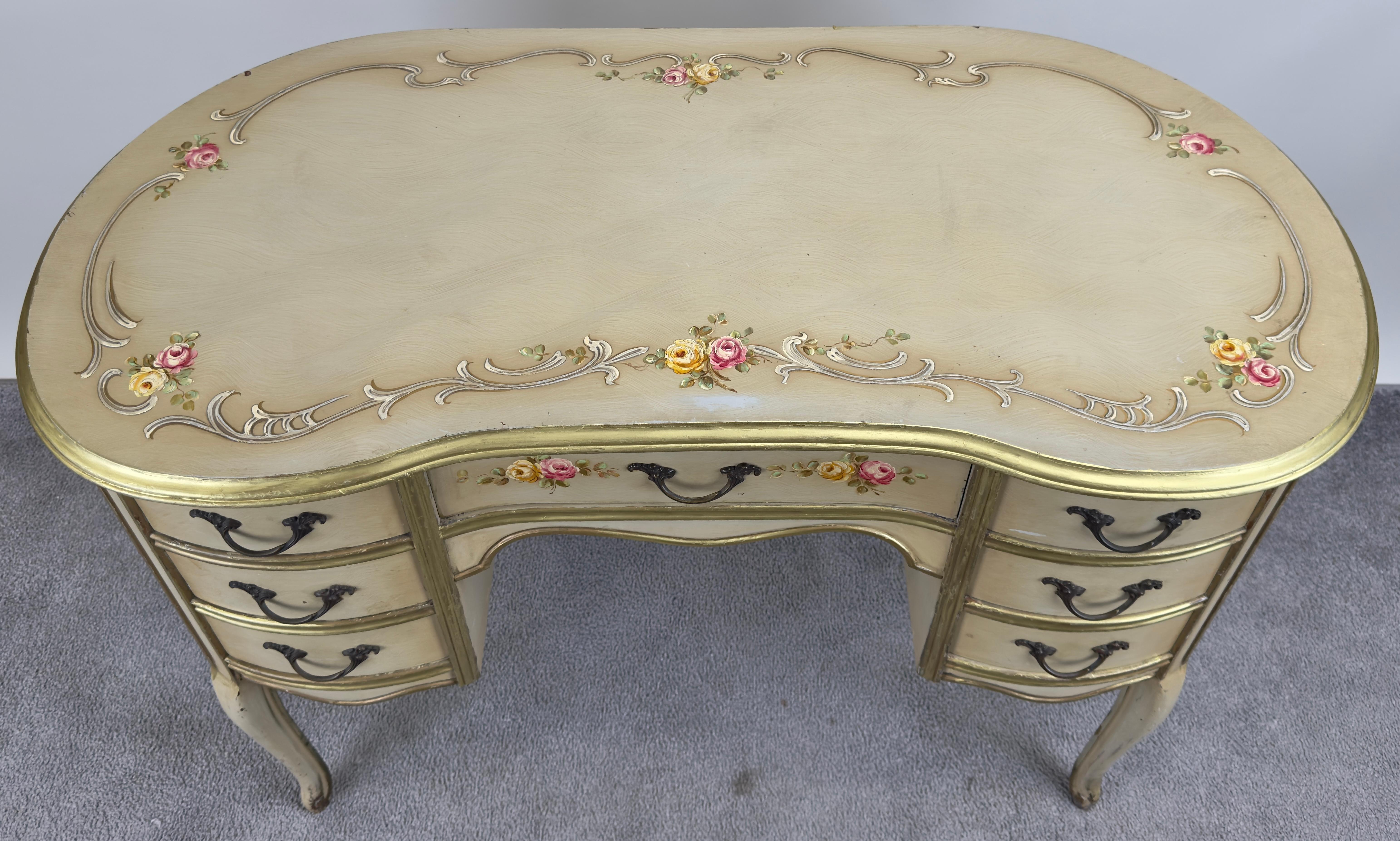 20th Century French Provincial Style Kidney Shaped Lady Writing or Vanity Desk with Ottoman